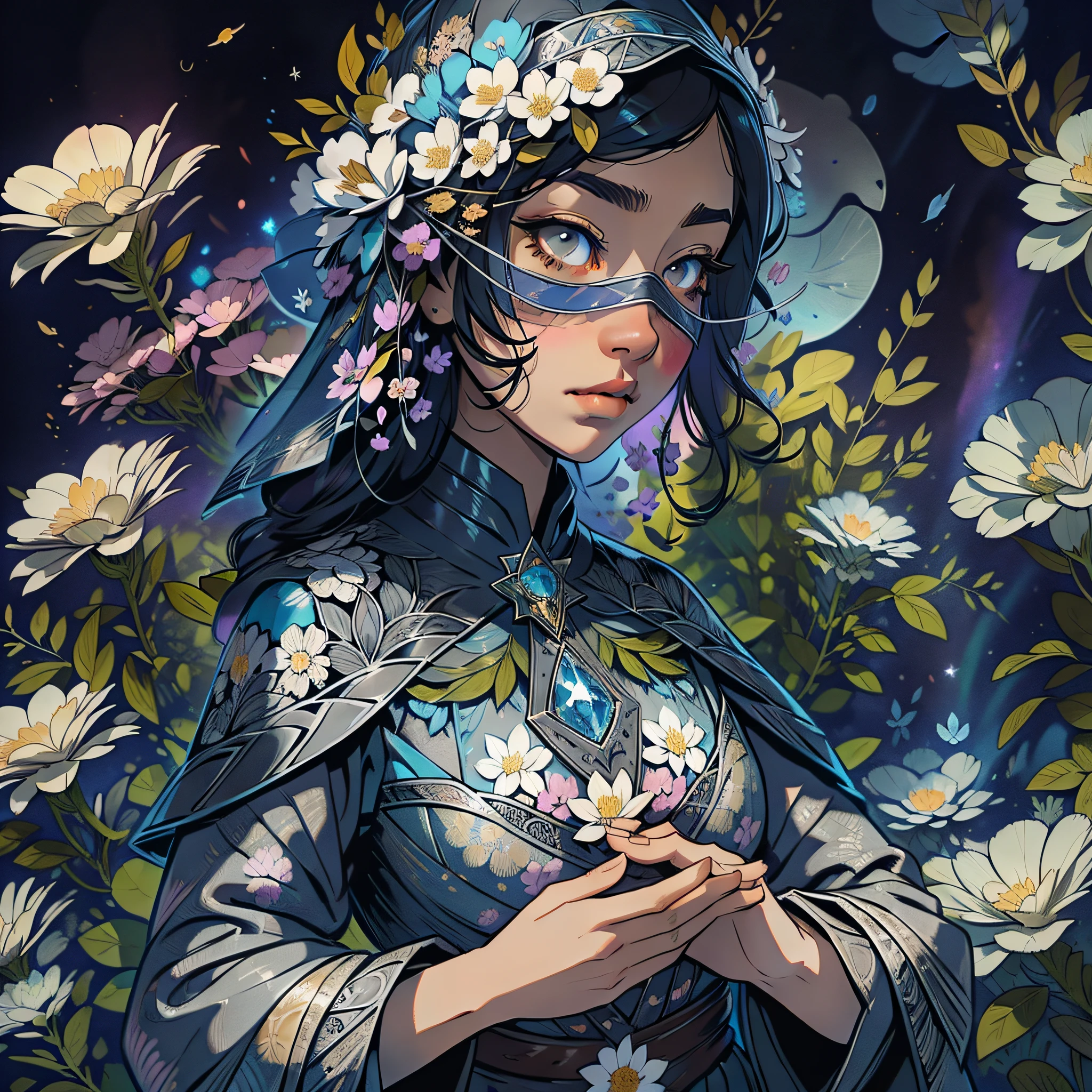 The first illustration depicts a woman with gray eyes and blindfolded, shrouded in a cloak of mystery and melancholy. Seu rosto expressa uma calma serena, while her delicate fingers touch an intricate pattern of patte-hued flower petals. These petals, que flutuam em torno dela, are bathed in a shimmering blue, conveying a sense of magic and enchantment. This image evokes a deep sense of self-discovery and connection to the inner world.
