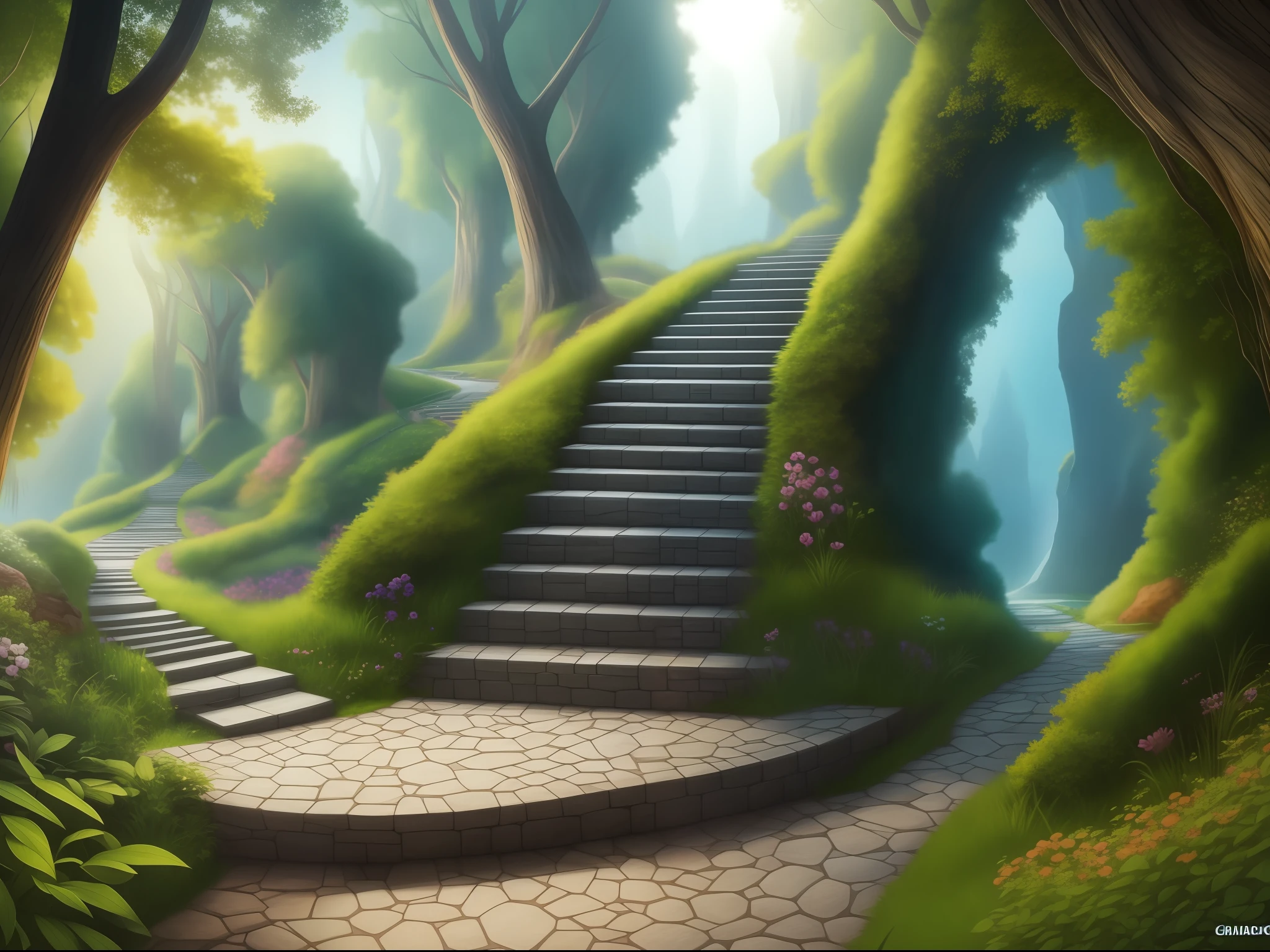 backround, CG, wuxiaworld, a long stairs toward the Gate of the Fairyland, realistic, panorama, ray tracing, reflection light, polar opposites, 8K, masterpiece, best quality, high quality, high details, super detail, highres, UHD