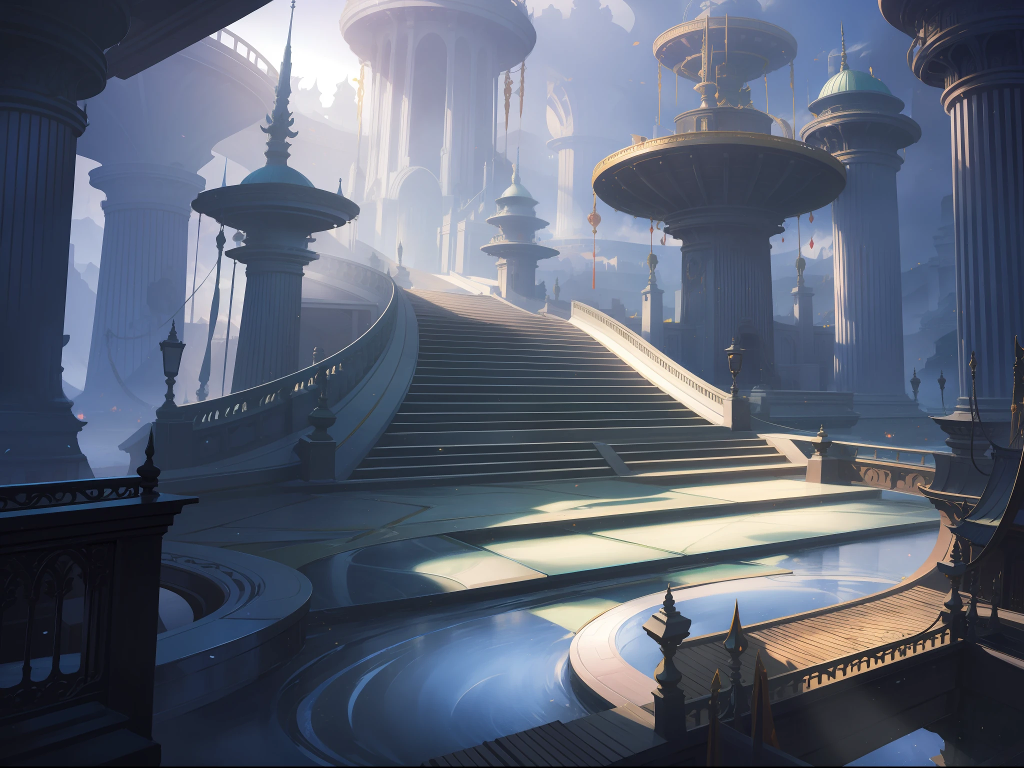 backround, CG, wuxiaworld, a long stairs toward the Gate of the Fairyland, realistic, panorama, ray tracing, reflection light, polar opposites, 8K, masterpiece, best quality, high quality, high details, super detail, highres, UHD