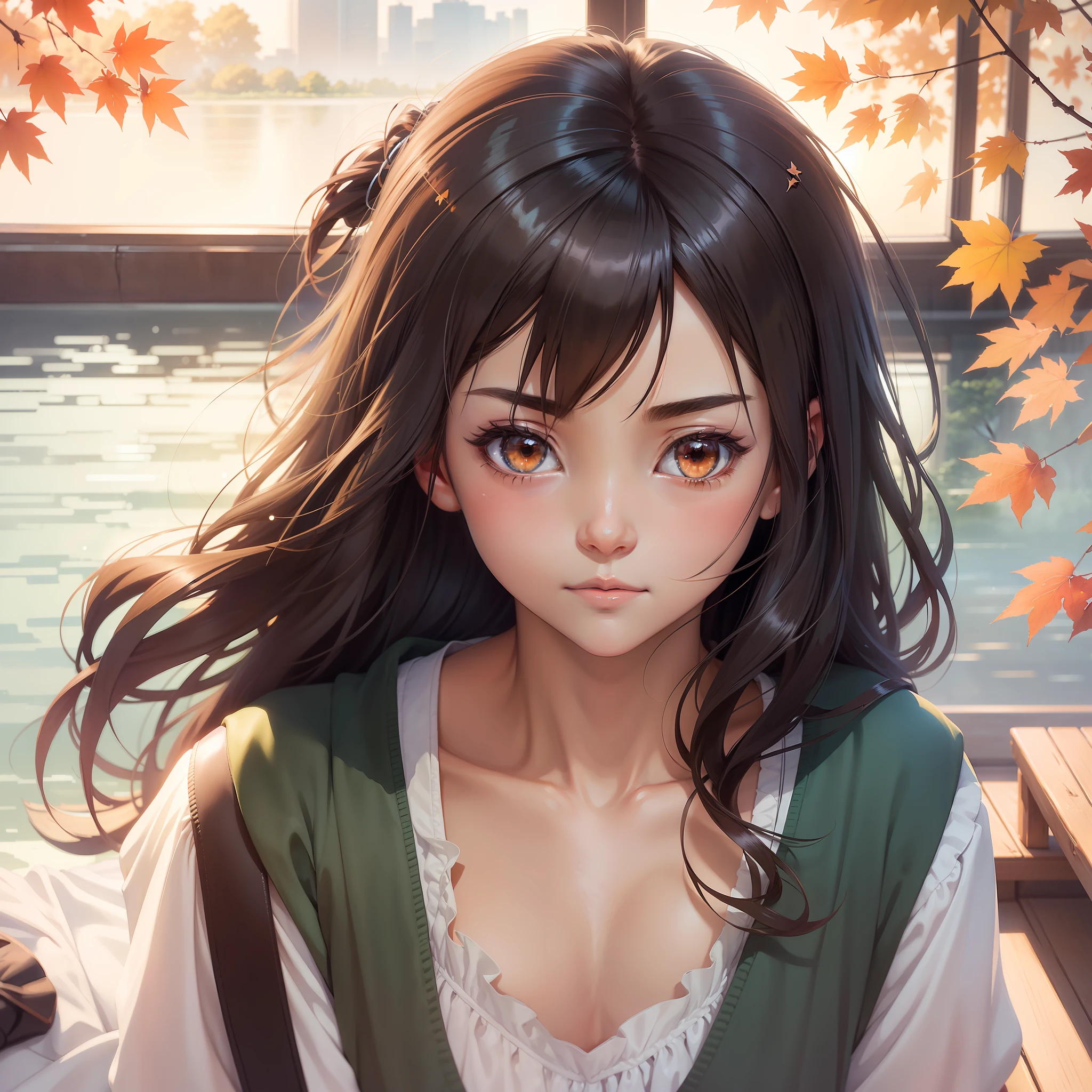 ((Makoto Shinkai anime style,Ultra High Res,cuteness,long hair)),High Quality,soft,Beautiful picture,(1 girl one girl),Pond,willow tree,Sunset,the stars,mist,glint,(night wear:1 girl.1 girl+Night clothing),(Floor:1 girl.2 Maidens+windowss),Pair it with red maple,The orange light in the air is quiet and beautiful,Home atmosphere,watercolor effect