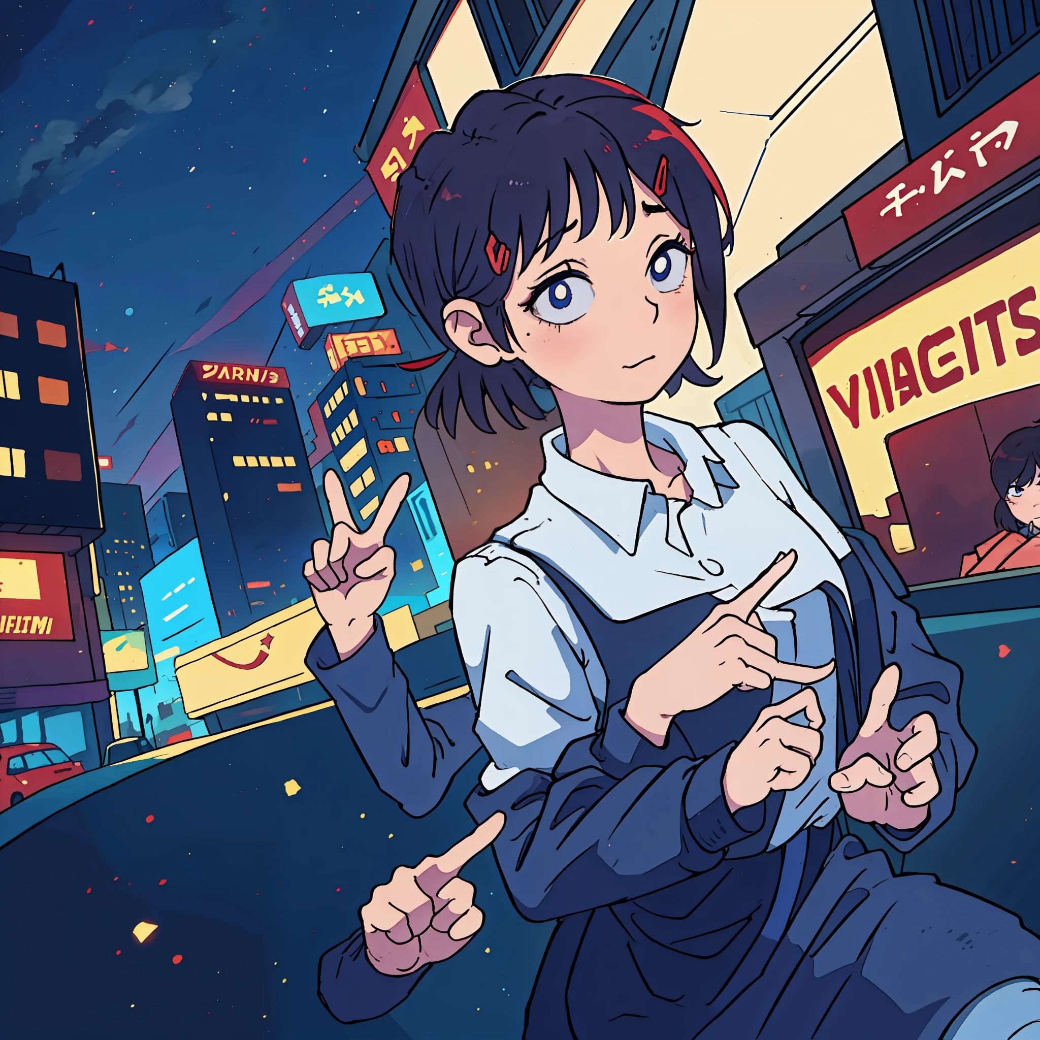 only one girl, 1girl, nervous, hairpin, short hair, peace sign, city background, night, looking at the camera
