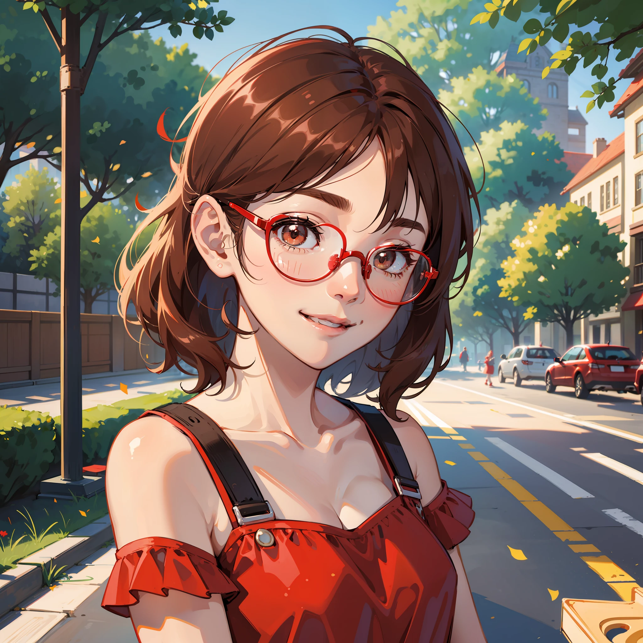 TT WAI, cute, sweet smile, kind, precious, red glasses, brown hair, pretty brown eyes, makes me happy :), adorable, sunshine, short, masterpiece, HD, red talk, 8K, soft lighting