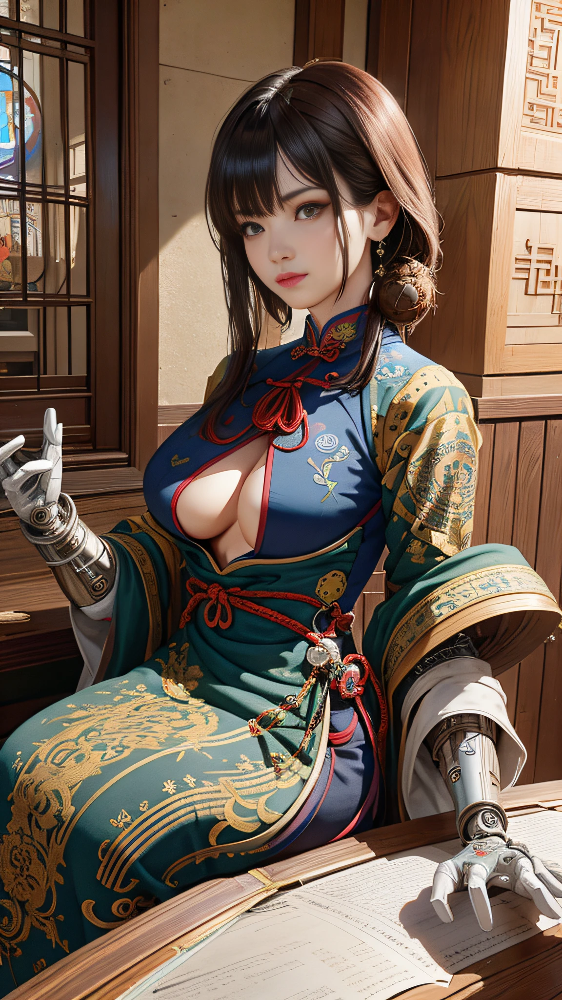 1 mechanical girl,((ultra realistic details)), portrait, global illumination, shadows, octane render, 8k, ultra sharp,metal,intricate, ornaments detailed, cold colors, japanese details, highly intricate details, realistic light, trending on cgsociety, glowing eyes, facing camera, neon details, machanical limbs,blood vessels connected to tubes,mechanical vertebra attaching to back,mechanical cervial attaching to neck,sitting,wires and cables connecting to head, (((Big boobs))), (((cheongsam)))