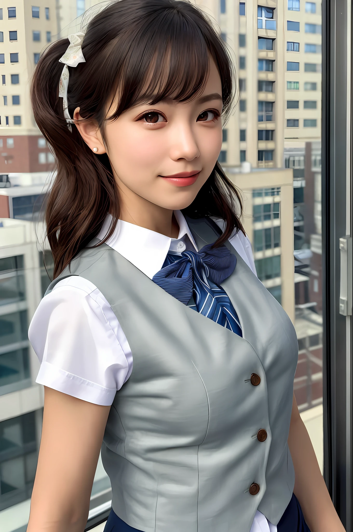 1girl, matured female, vest, bow, photo, realistic, best quality, hires, detailed face, office, buildings from window, detailed background, diffused sunlight, depth of field, bokeh