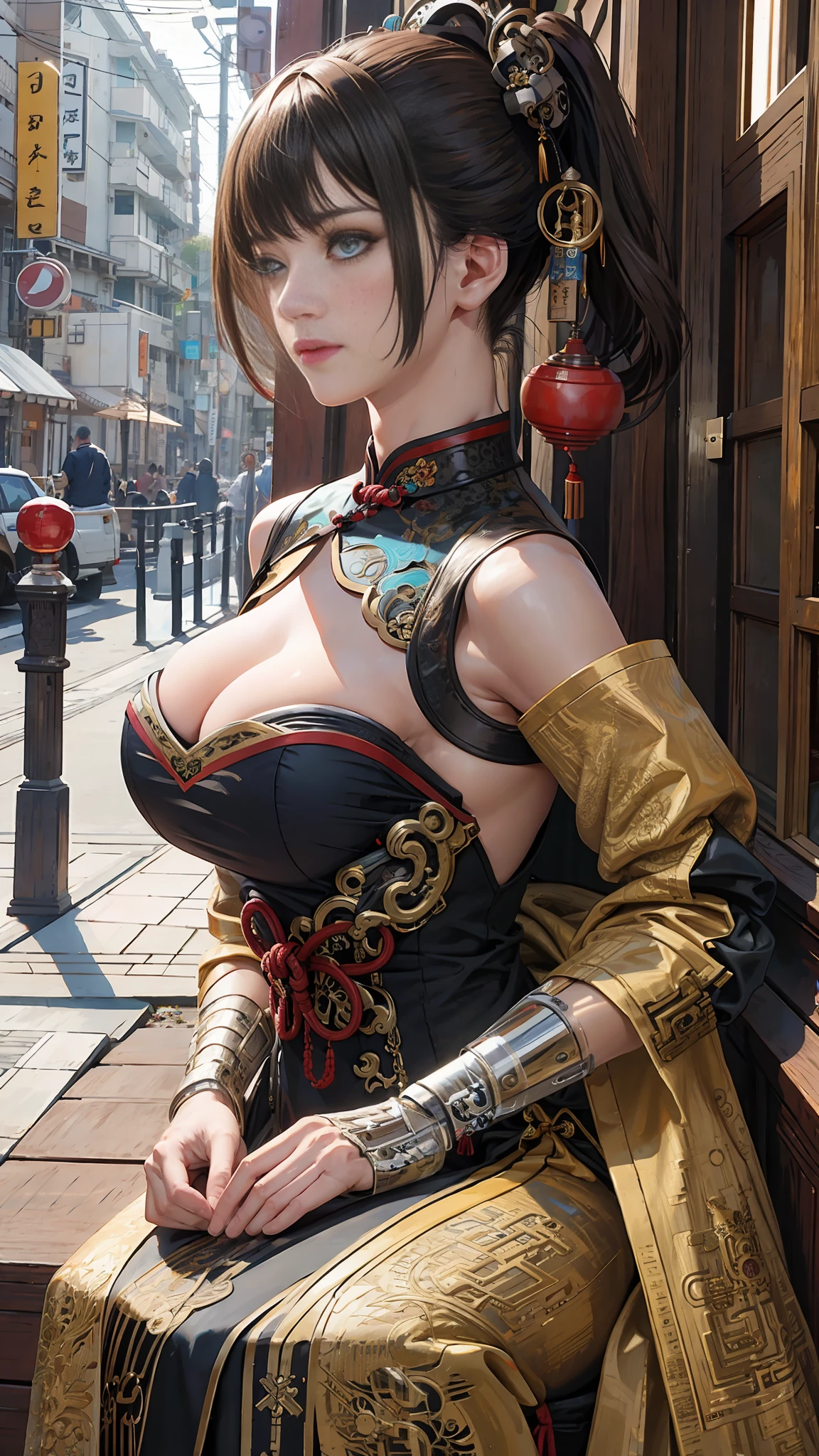 1 mechanical girl,((ultra realistic details)), portrait, global illumination, shadows, octane render, 8k, ultra sharp,metal,intricate, ornaments detailed, cold colors, japanese details, highly intricate details, realistic light, trending on cgsociety, glowing eyes, facing camera, neon details, machanical limbs,blood vessels connected to tubes,mechanical vertebra attaching to back,mechanical cervial attaching to neck,sitting,wires and cables connecting to head, (((Big boobs))), (((cheongsam)))