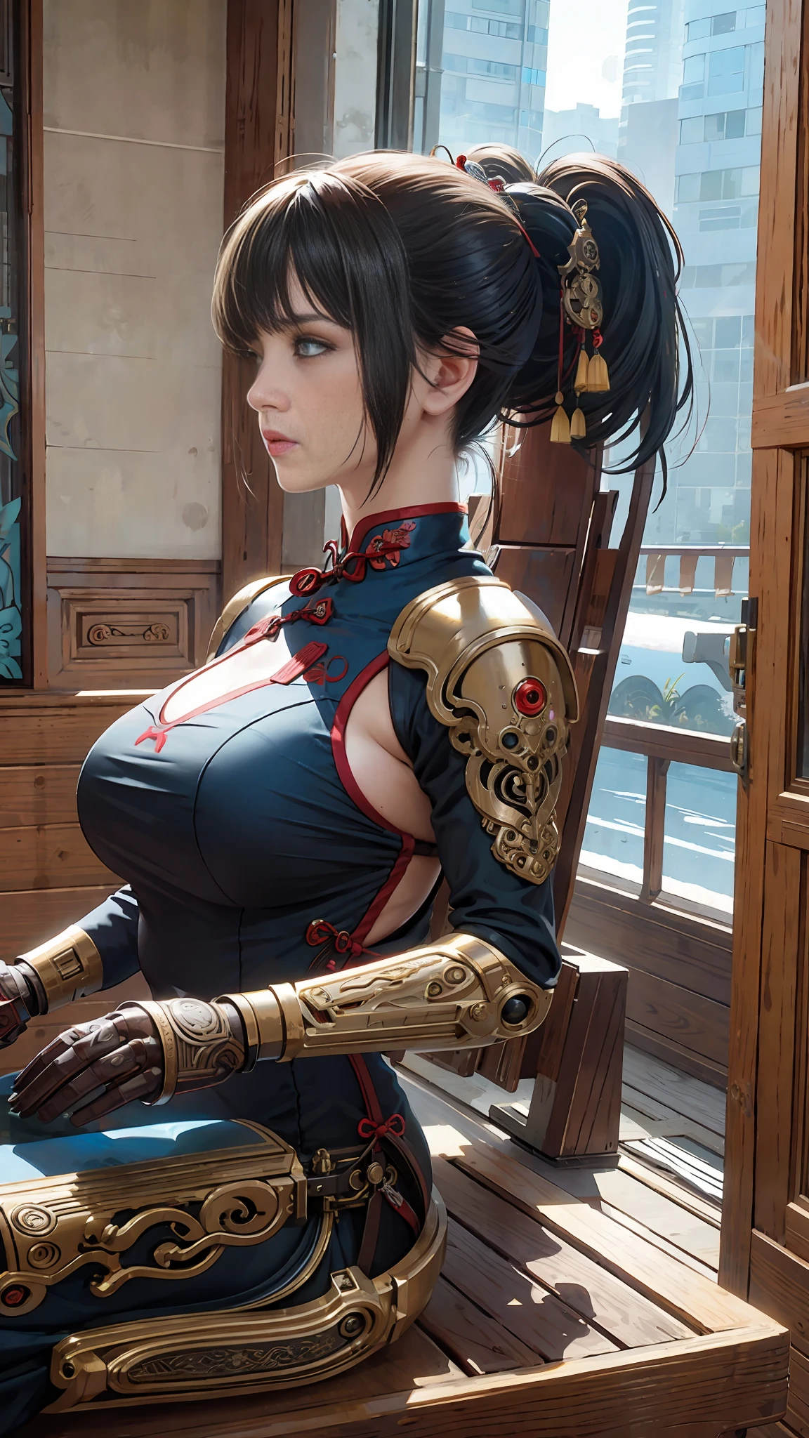 1 mechanical girl,((ultra realistic details)), portrait, global illumination, shadows, octane render, 8k, ultra sharp,metal,intricate, ornaments detailed, cold colors, japanese details, highly intricate details, realistic light, trending on cgsociety, glowing eyes, facing camera, neon details, machanical limbs,blood vessels connected to tubes,mechanical vertebra attaching to back,mechanical cervial attaching to neck,sitting,wires and cables connecting to head, (((Big boobs))), (((cheongsam)))