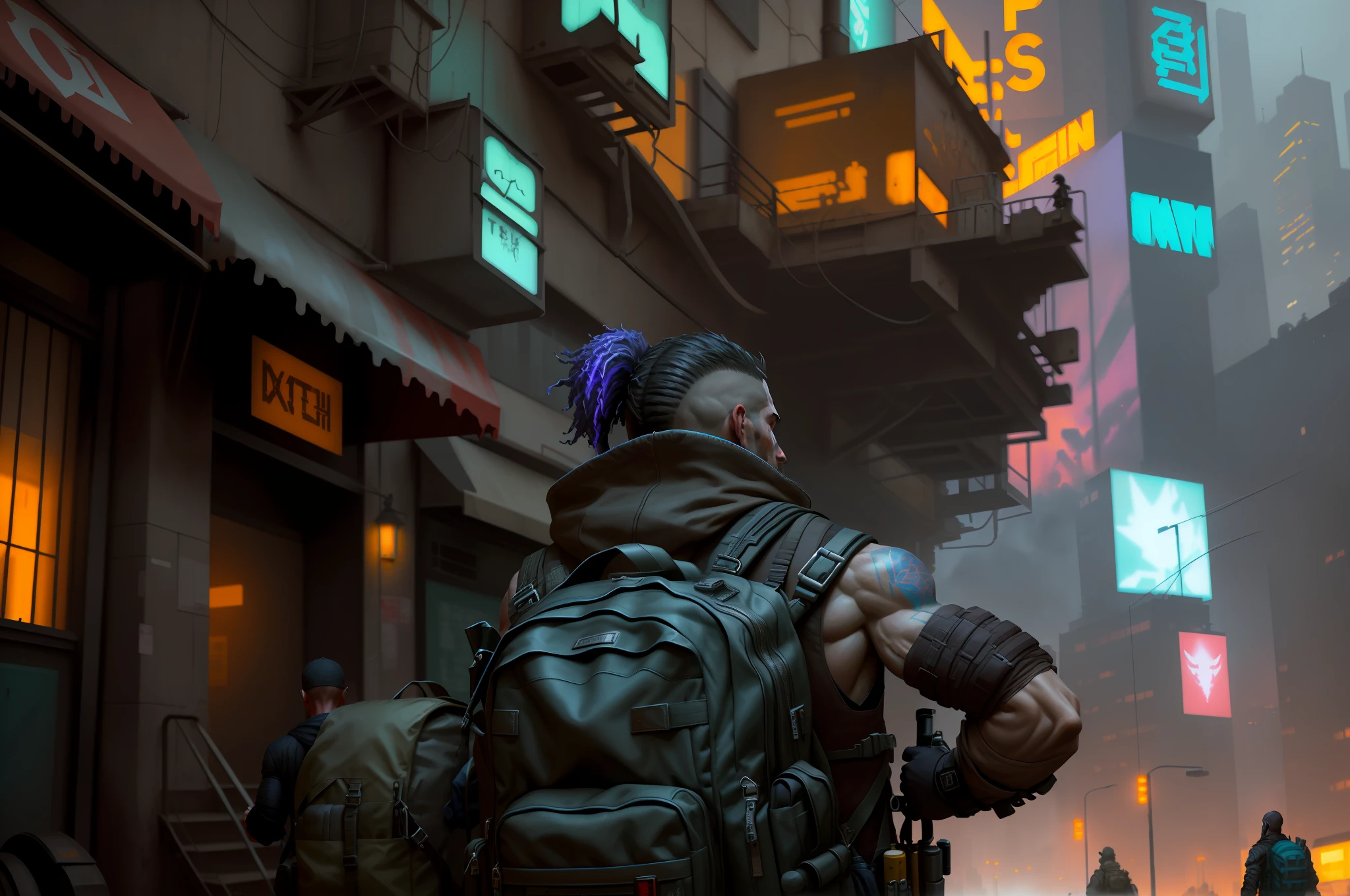(obra-prima) altamente detalhado RAW, a man alonepost-Apocalyptic with a backpack is walking through a cyberpunk city themed arc-vivid iris, estilo hassanfantasy, por Jeremy Mann e Donato Giancola ultra realista altamente detalhado intrincado fotorrealista