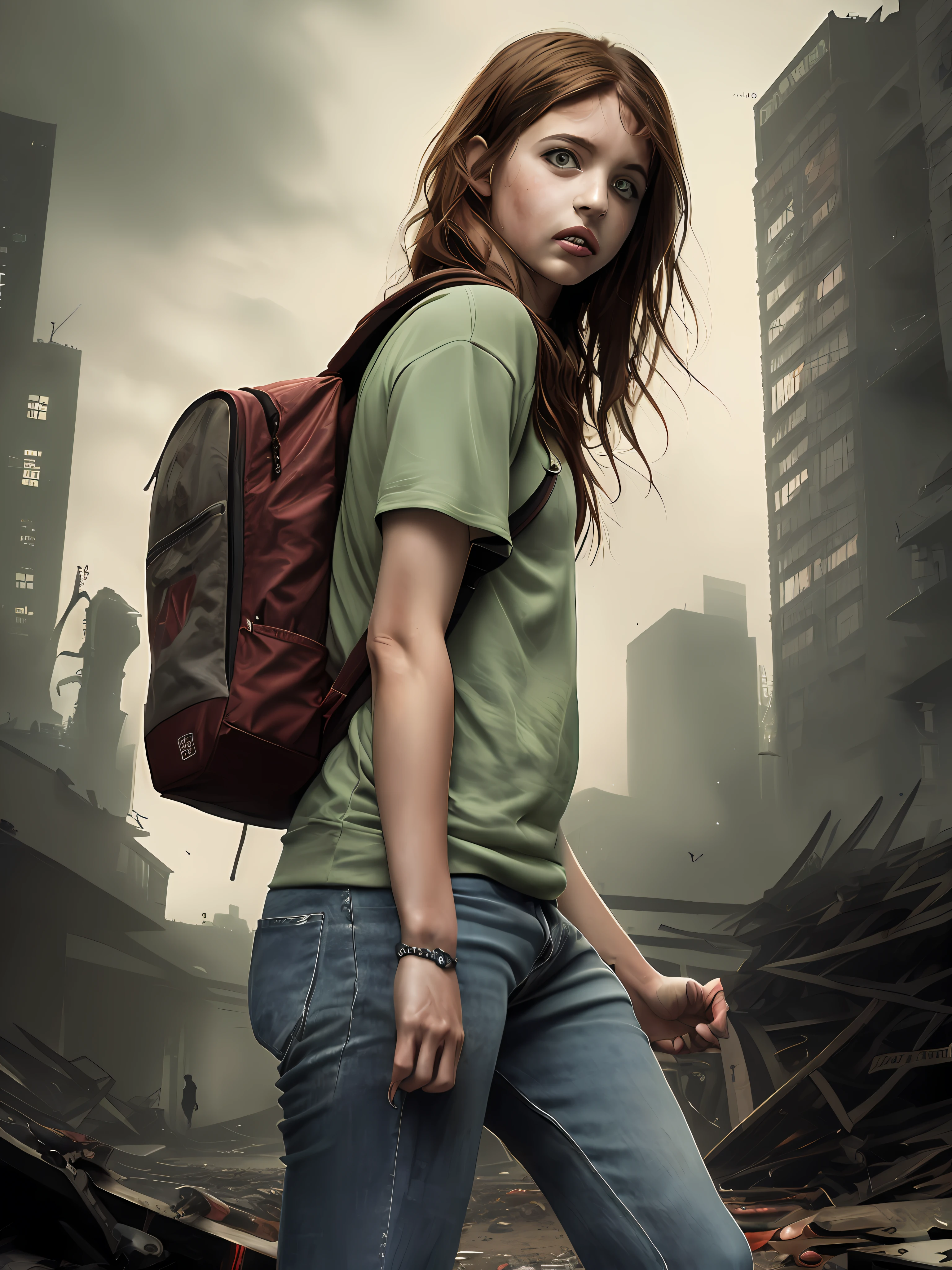 Book portrait of a zombie apocalypse. (showing a 17 years old teenage girl backwards in a abandoned big city) ( she have backpacks and baseball bats) (the girl have brown hair, green eyes, and she have an athletic body type) (girl have medium ass and chest) ( she is backwards) (long pants)