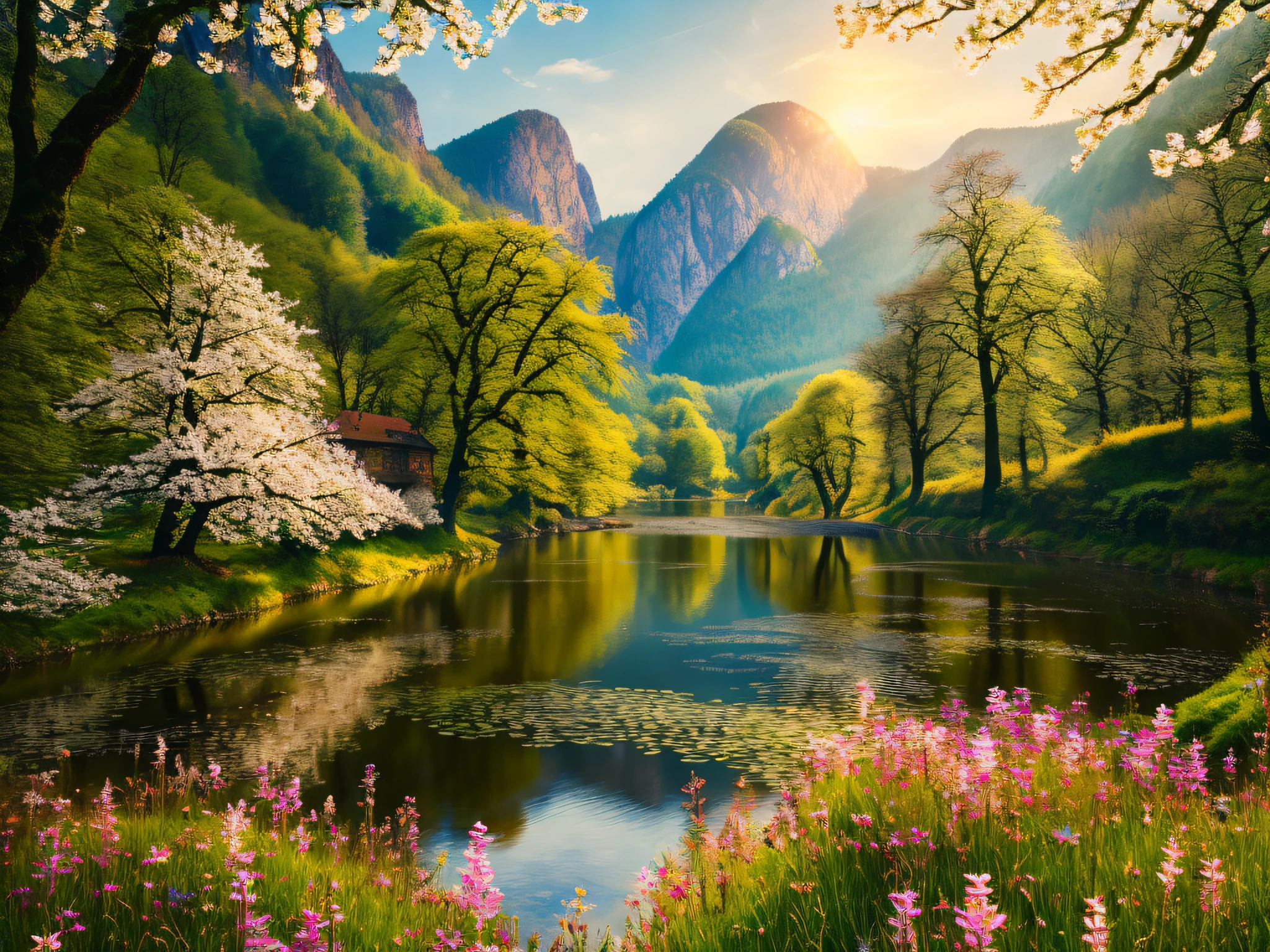 an extremely detailed photo of Czech nature scenery, surreal, spring time, detailed, intricate, elegant, lithe, highly detailed, digital painting, artstation, concept art, smooth, sharp focus, illustration