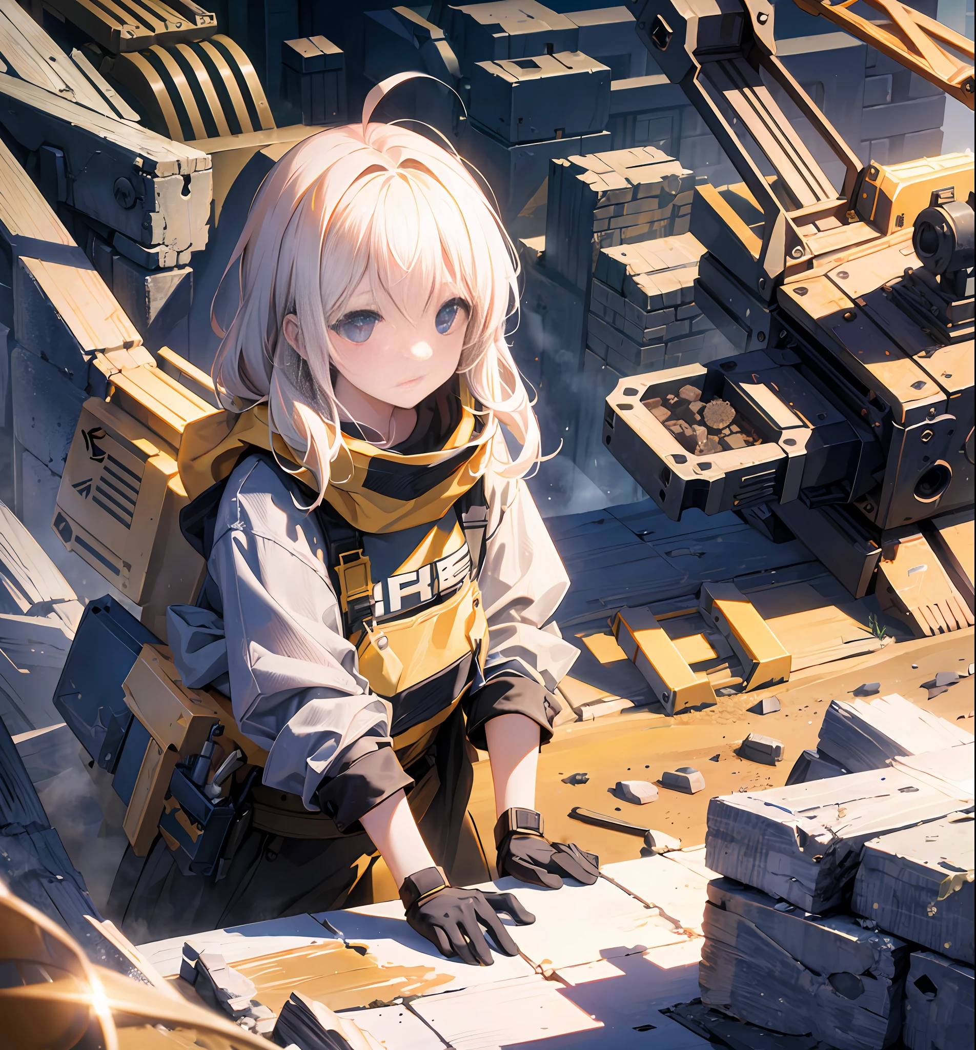 （((Excavator)))）,A Masterpiece、BEST QUALITY、Highly detailed、Unity 8k wallpapers、Big empty、girl 1 person、heavy machinery、Gradient hair、hair between the eyes、Ahoge、age: 16、pretty face、White Niso、