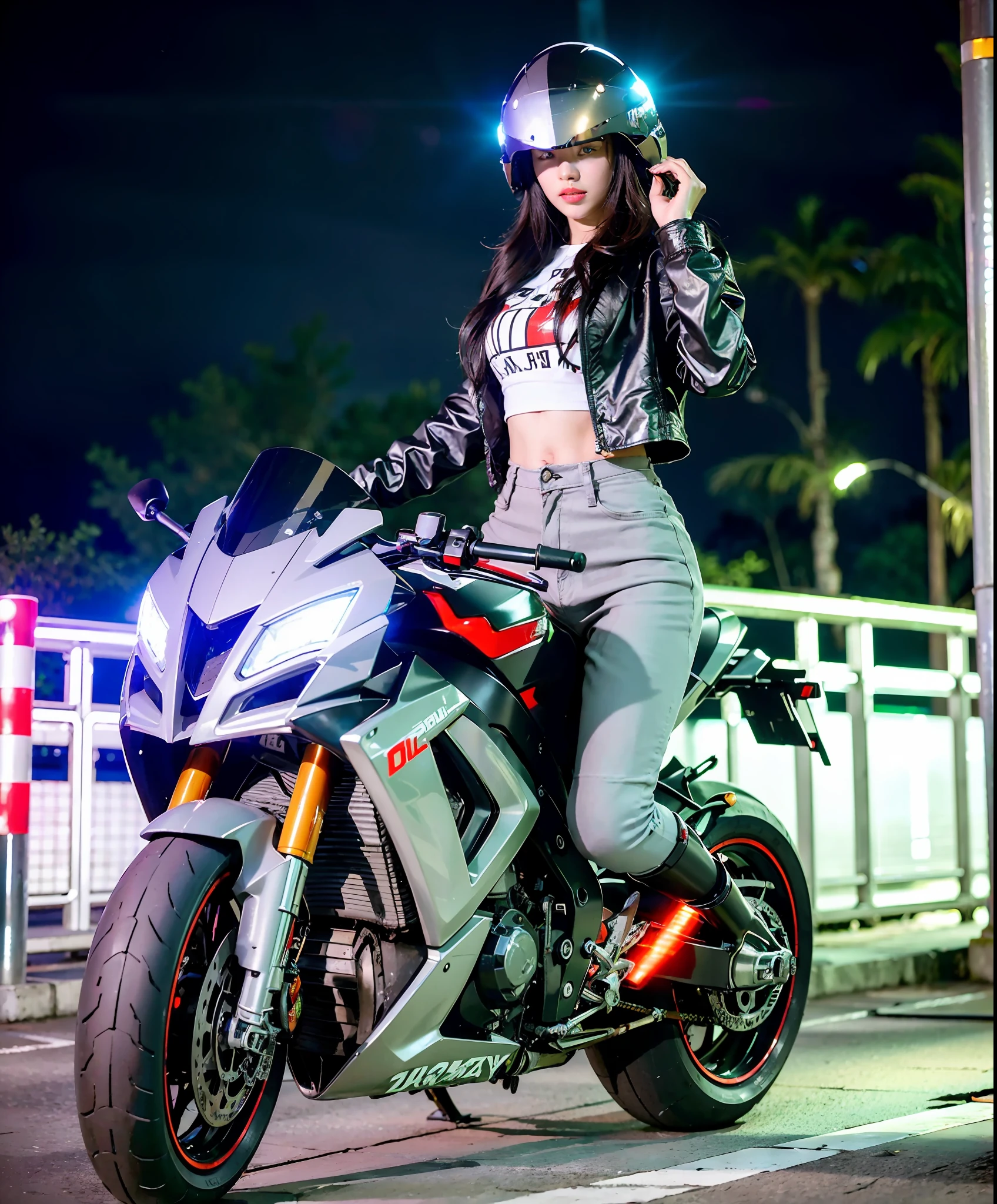 closed - up, (a cyborg in cyberhelmet head with long hair and some glowing lights on it, wearing a black jacket and red trousers), (driving a white yhmotorbike on the street), legs outstretched, feet on the ground,posing for a picture, very small breasts, long leg, front view, late night, very detailed