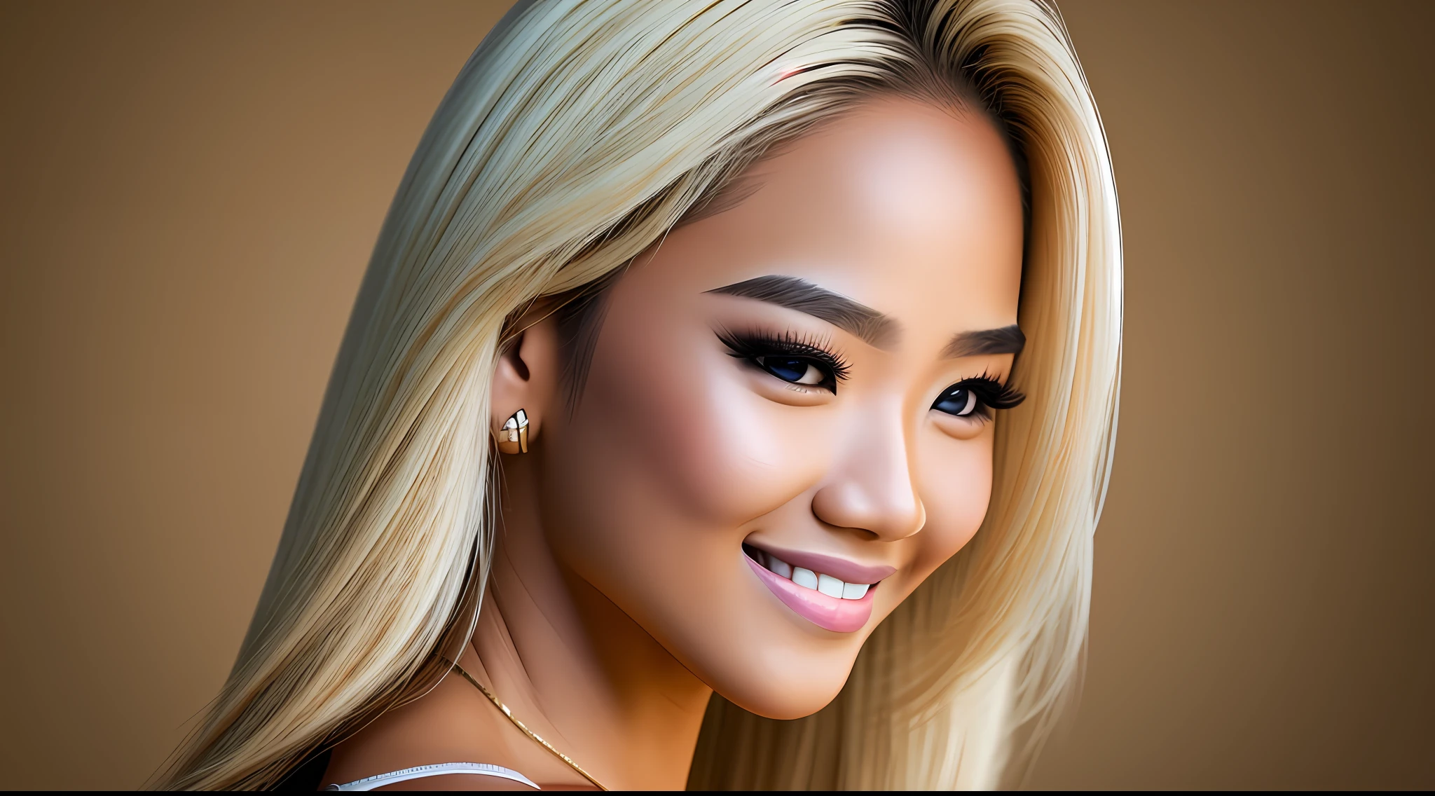 Young Thai woman, blonde hair, smooth hair, shiny hair, bodybuilder physique, smile, realistic, photograph, from side, upside-down, 8k, super detail, ccurate, best quality, award winning, HD, high details, textured skin, masterpiece --auto --s2