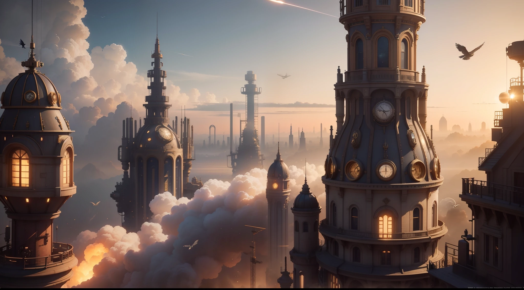 /imagine prompt: illustration of A Steampunk city with spaceships and steam ,Steampunk::10, ship::12, steam::13, rule of thirds composition::8, A bird's-eye view::12, Long Shot::13, Unreal Engine::15, Golden hour light::5, beautiful lighting::13, Cinematic light::12, Bold and bright::10, Dramatic::13, hyper quality::12, Steampunk cityscape::14, photoreal::2 --seed 3245345455 --s 400 --q 2 --c 40