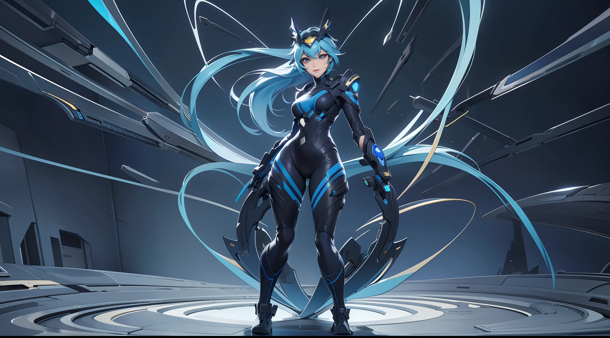 full body picture Unreal Engine 5 8K UHD of a beautiful adult girl, curvy blue hair, wearing futuristic black tight battle suit, futuristic half face mask, cobalt and navy light details, happy face, best quality, masterpiece