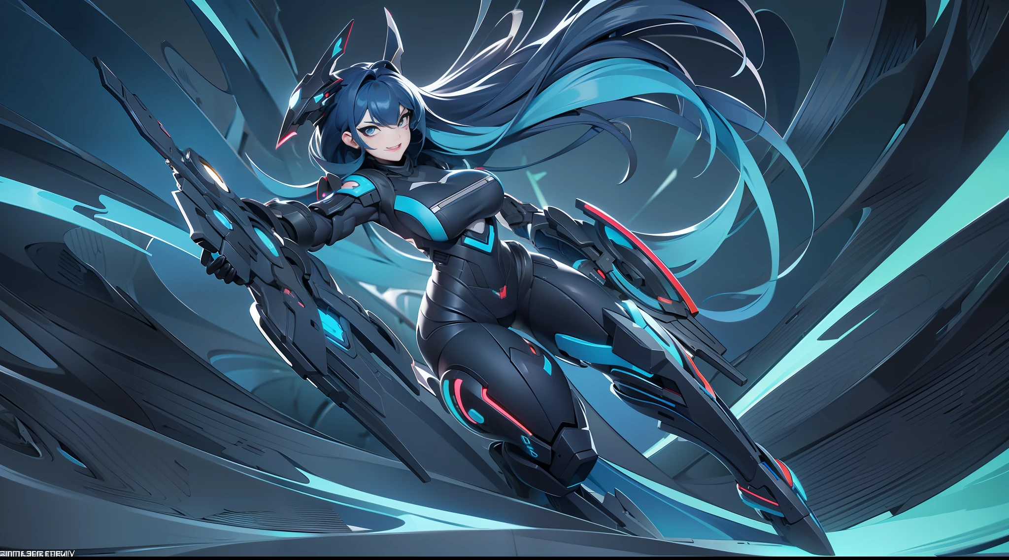 full body picture Unreal Engine 5 8K UHD of a beautiful adult girl, curvy blue hair, wearing futuristic black tight battle suit, futuristic half face mask, cobalt and navy light details, happy face, best quality, masterpiece