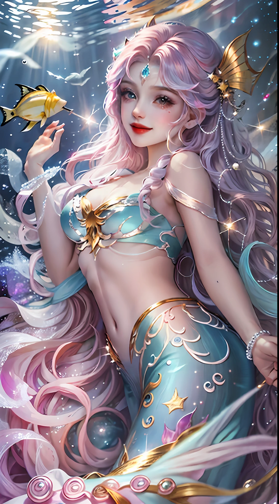 realistness，Wonders of the deep sea，The movie character Mermaid is scaled by rainbow-colored fish，Glittering，Starry Sky，Pearls glow，Vast stars，The ears are slender and delicate，Colorful bubbles，Structured，Full of special effects，Distinctive features，charming smile，complete fingers，24k，moist skin，Pose for the camera，Perfect fishtail，floating long hair，