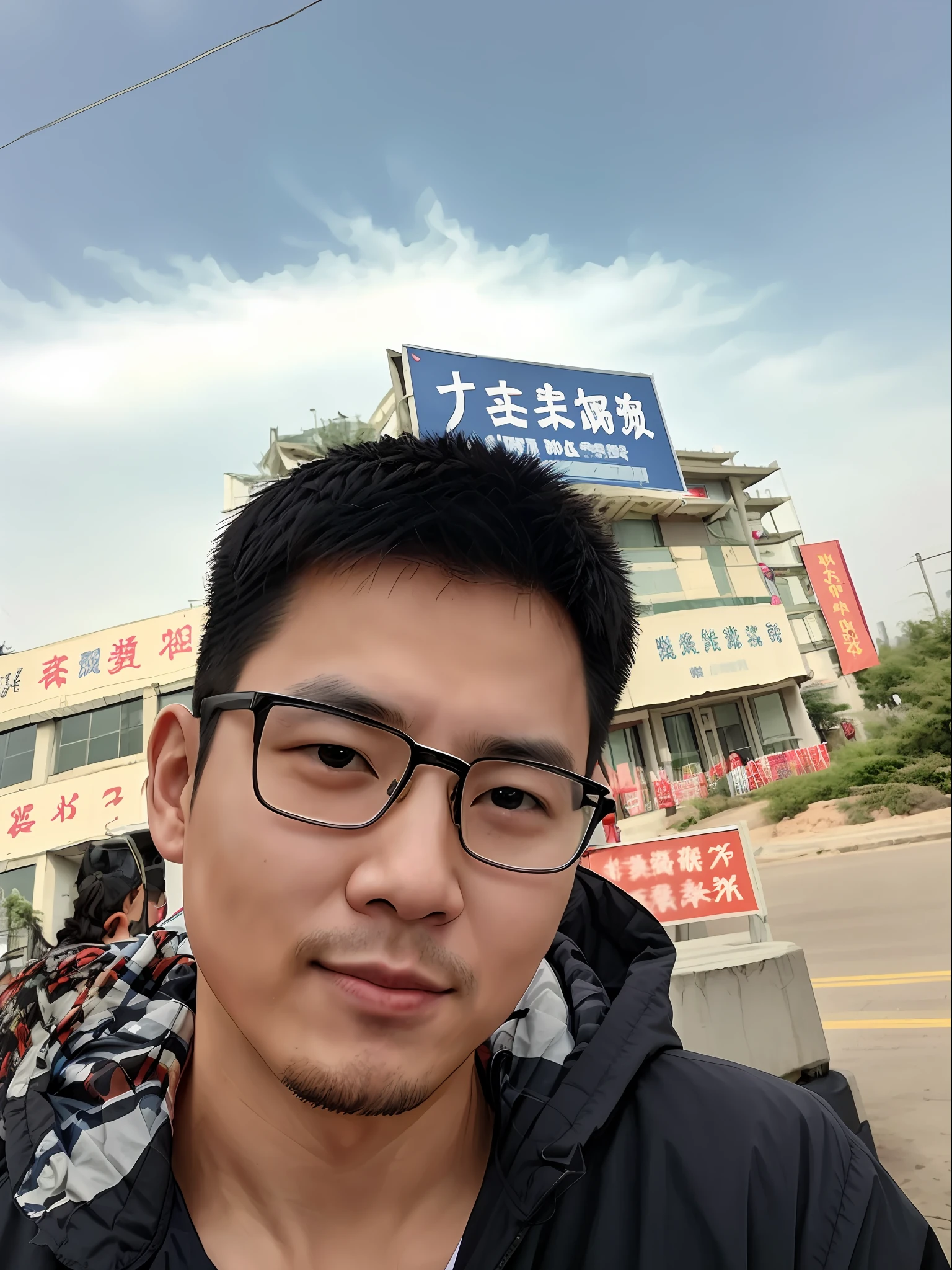 There was a man standing in front of a building,Holding a sign, 2 , 2 7 years old 2 9 years old, xintong cars old, zeng fanzh, wenjun lrs old, 38 years old, huifeng huang, leng duan