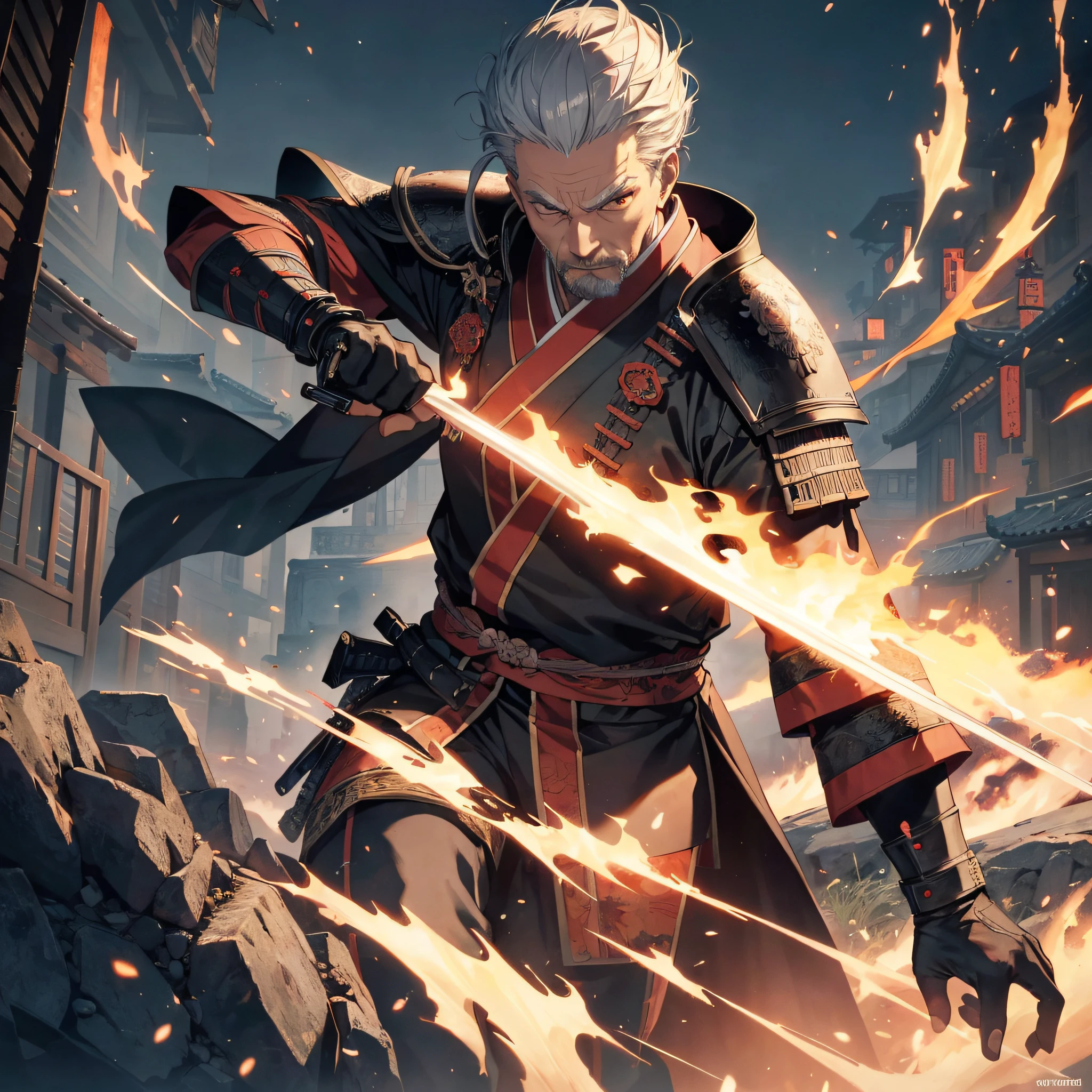 Ridiculous resolution,Highres,(A Masterpiece:1.4),hyperdetail,Ancient China,Older man with white hair(1.3),Samurai in black armor,Blood,fighting,La muerte,Fall on the ancient city wall(1.3),Twilight,fire