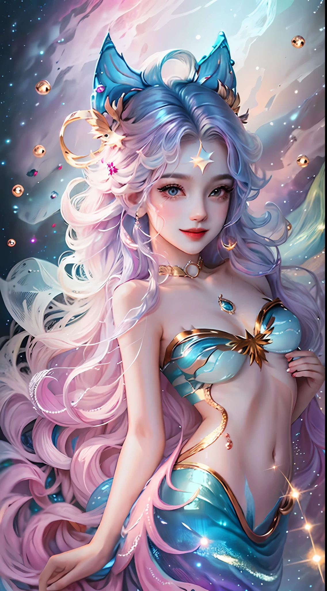 realistness,Wonders of the deep sea,The movie character Mermaid is scaled by rainbow-colored fish,Glittering,Starry Sky,space,The universe,Vast stars,The ears are slender and delicate,Colorful bubbles,Structured,Full of special effects,Distinctive features,charming smile,complete fingers,24k,moist skin,Pose for the camera,Perfect fishtail,floating long hair,