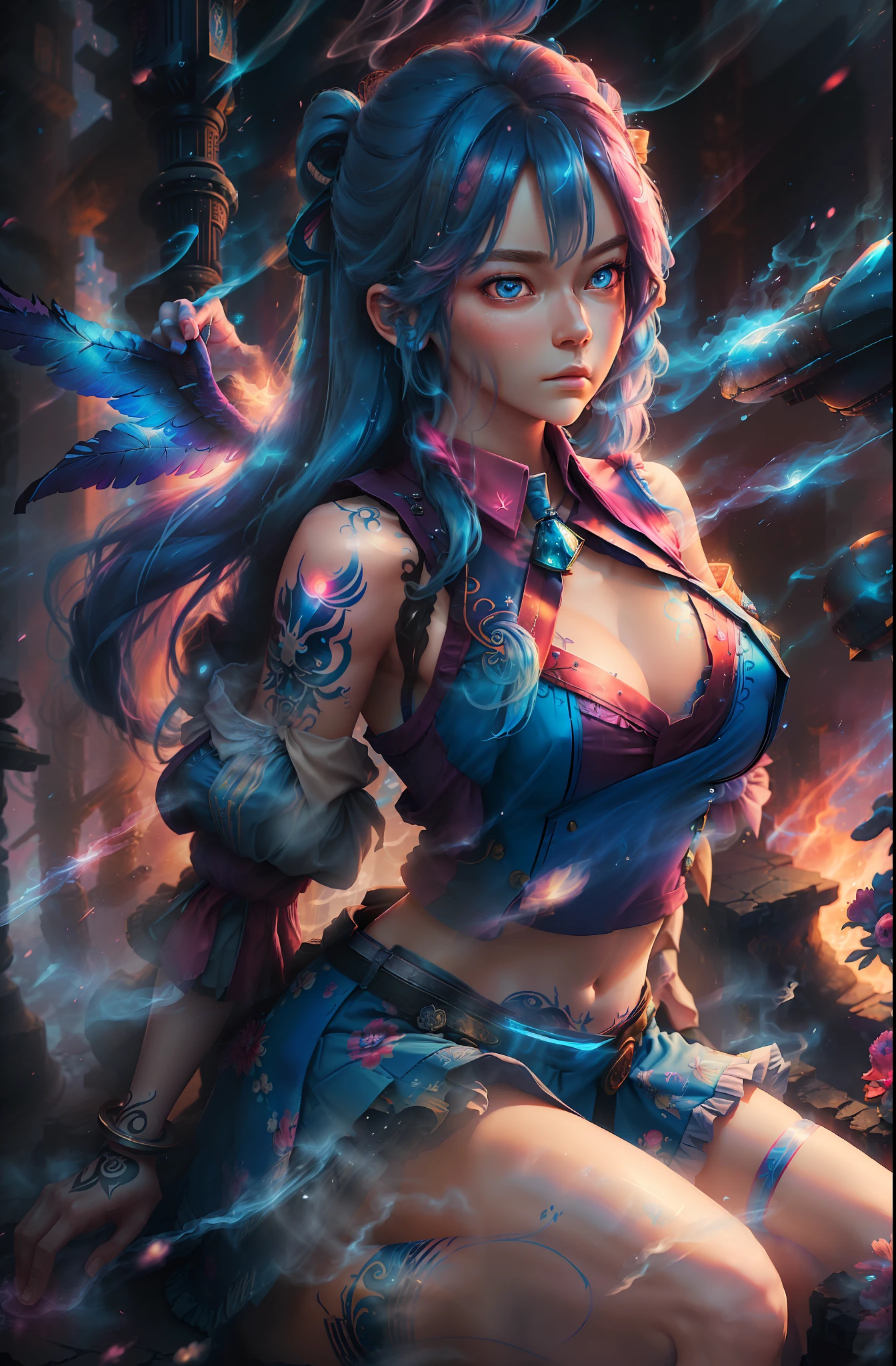 Masterpiece, top quality, pink hair, blue lightning, realistic, realistic details, details. Blue clothes. Blue thunder. Blue crystal. Airborne particles. Blue smoke. Blue crystals around. Blue smoke wafting around. Kneeling. Warping the body. Warping the body. Devil's wings. Tattoo. Tattoo. Get on your knees. School uniform. High school student. jk。
1 girl, beauty, seductive face,, fine skin, anicos_inori,, long hair, navel, parted sleeves, bare shoulders, center opening, cleavage, middle breast, long feathered hair clip, blue hair ornament, red eyes, thigh height,look at viewer,isekai,mini skirt、darkness ochi. Luminous eyes.