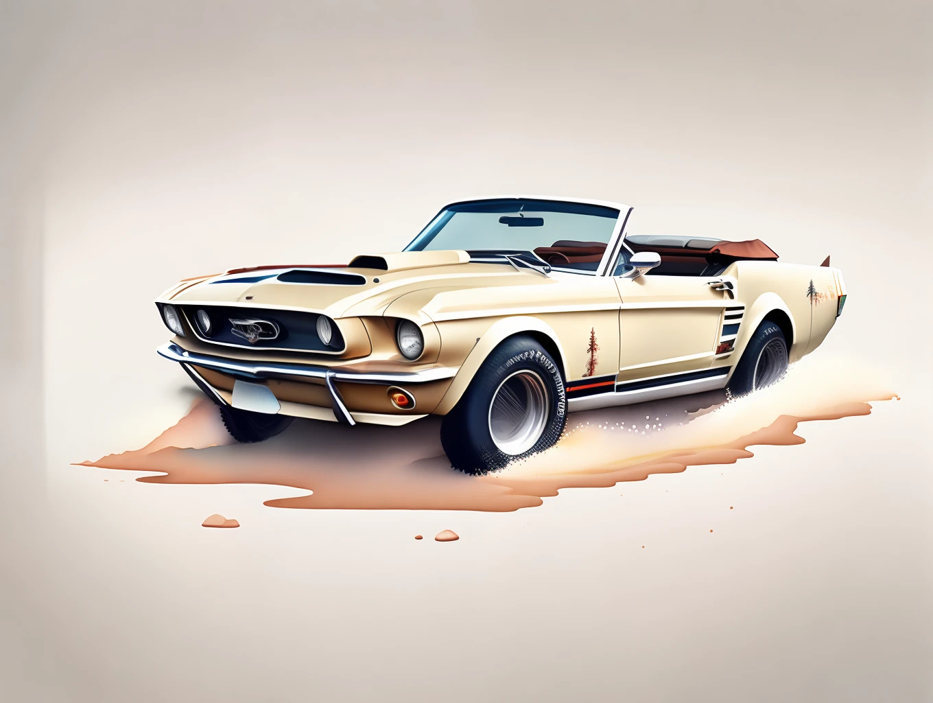 graphic design, flat design, a convertible Ford Mustang 1970 off-road, passing through a river. watercolor splashes, highly detailed clean, photorealistic masterpiece, professional photography, realistic car, White background, isometric, soft color vector