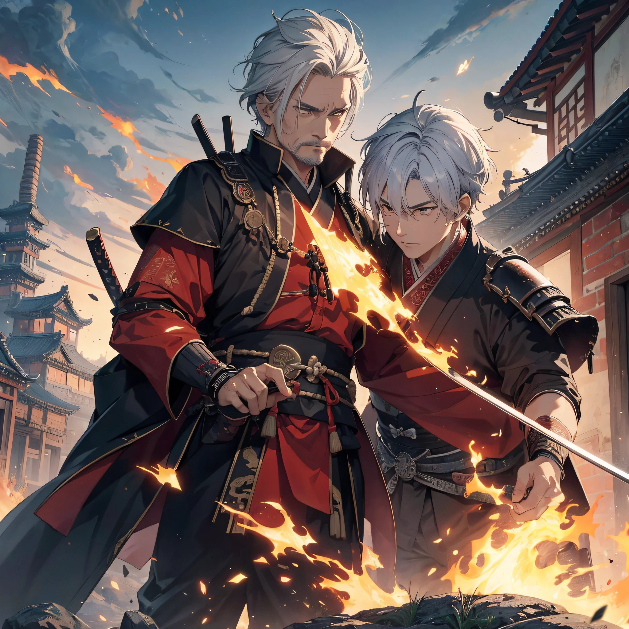 Ridiculous resolution，Highres，（A Masterpiece：1.4），hyperdetail，Ancient China，Older man with white hair（1.3），Samurai in black armor，Blood，fighting，La muerte，Fall on the ancient city wall（1.3），Twilight，fire