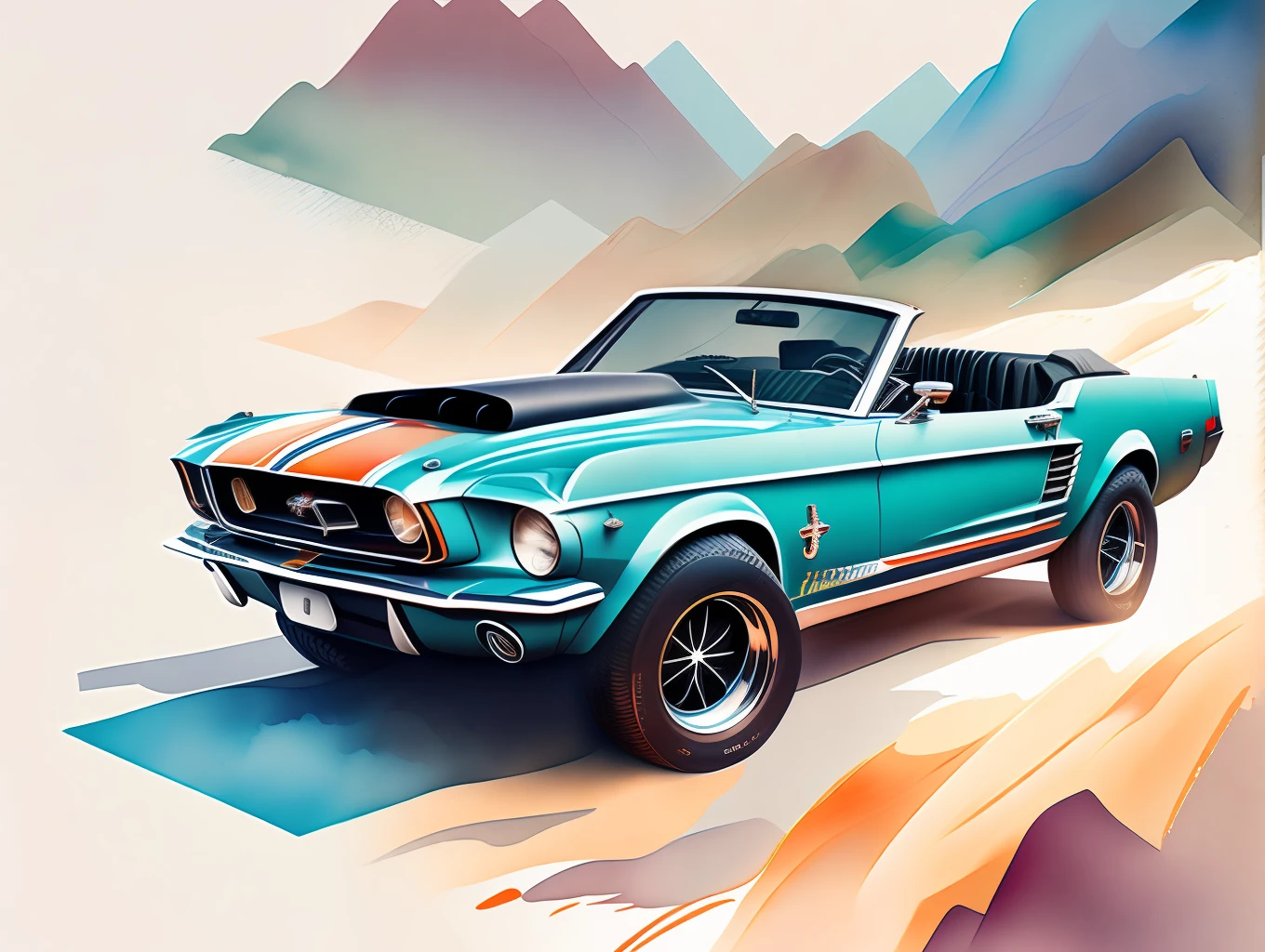 graphic design, flat design, a convertible Ford Mustang 1970 off-road, passing through a big city. watercolor splashes, highly detailed clean, photorealistic masterpiece, professional photography, realistic car, White background, isometric, soft color vector