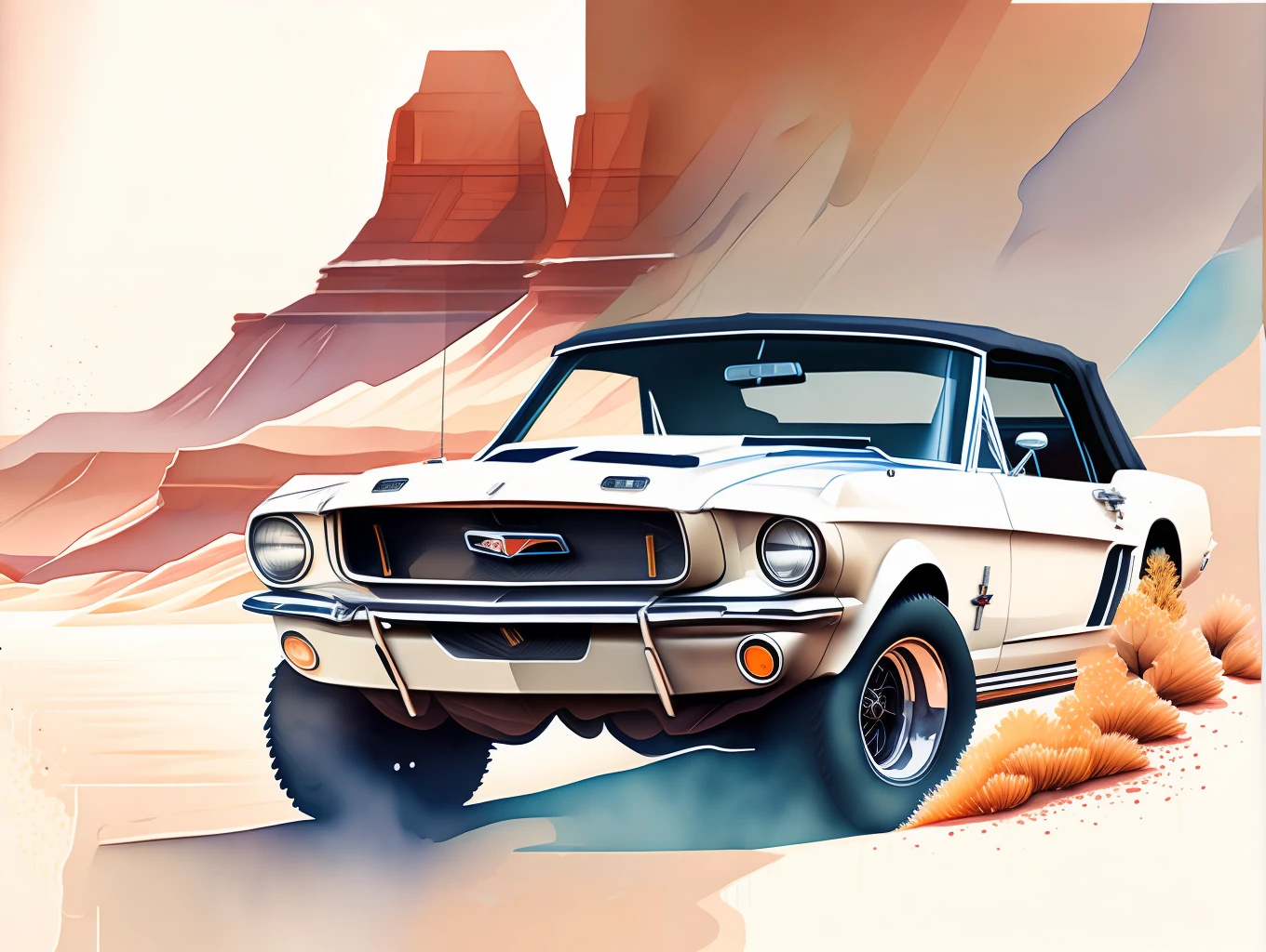 graphic design, flat design, a convertible Ford Mustang 1970 off-road, passing through the Grand Canyon, watercolor splashes, highly detailed clean, photorealistic masterpiece, professional photography, realistic car, White background, isometric, soft color vector