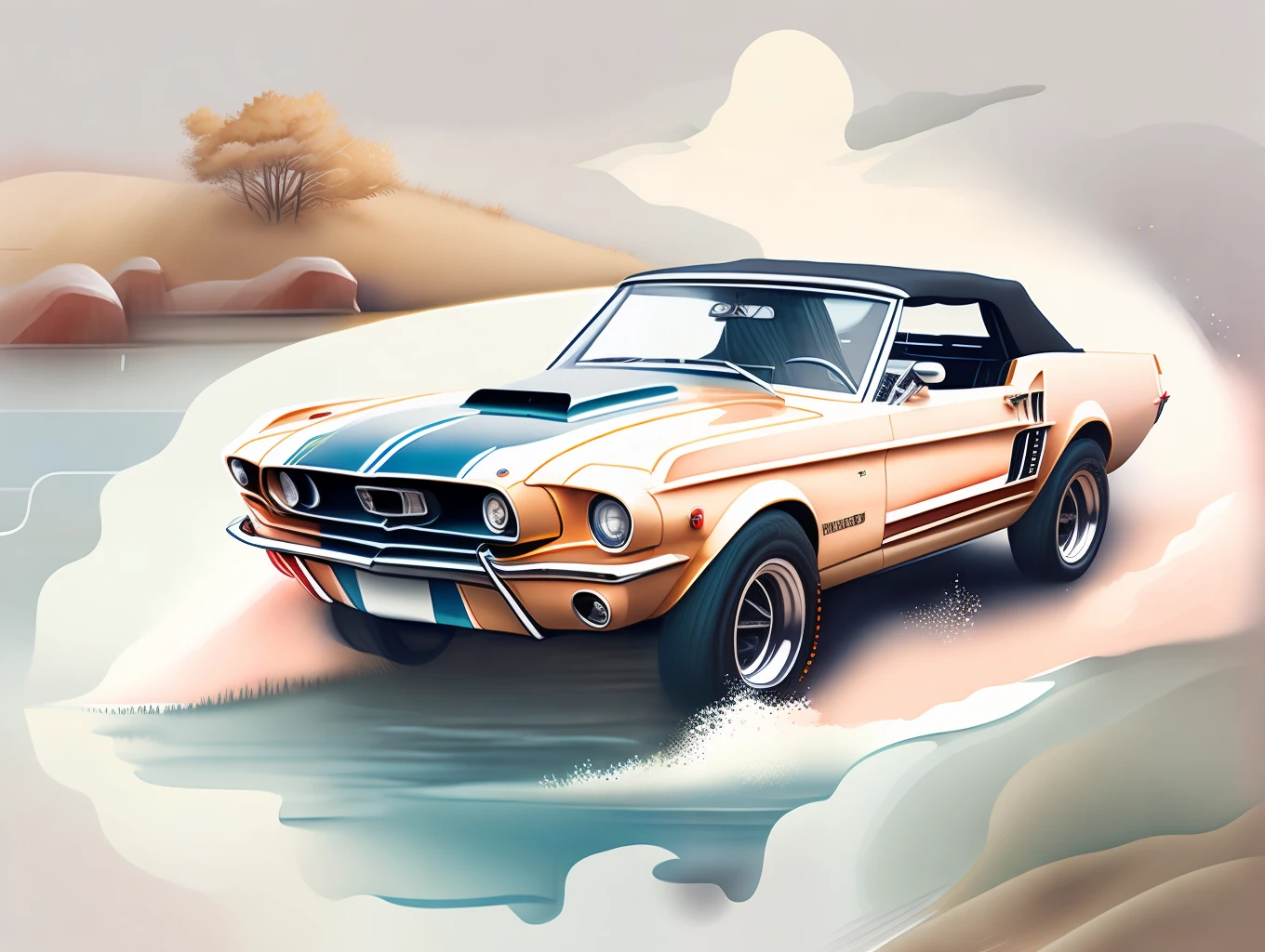 graphic design, flat design, a convertible Ford Mustang 1970 off-road, passing through a river. watercolor splashes, highly detailed clean, photorealistic masterpiece, professional photography, realistic car, White background, isometric, soft color vector