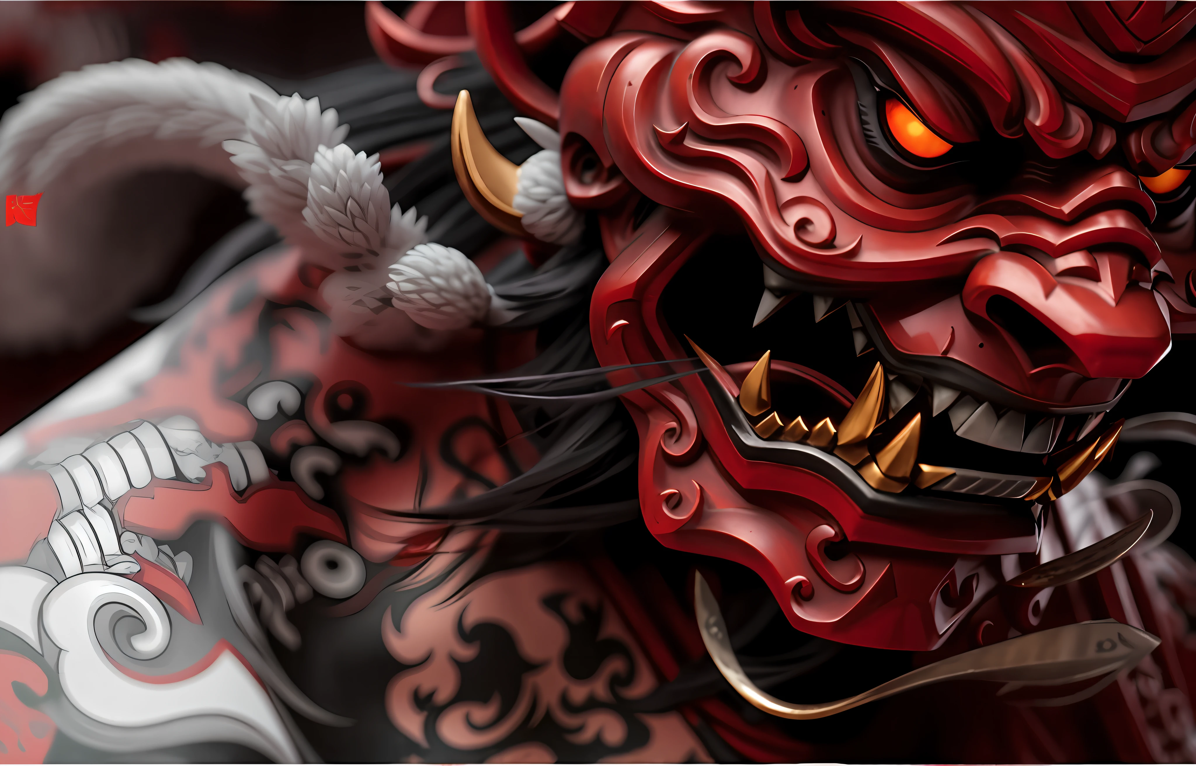 a full view of a red demon statue with a large head, villain wearing a red oni mask, samurai with demon mask, demon samurai mask, oni mask, demon samurai, by Kanō Tan'yū, hyper detailed digital art, intricate ornate anime cgi style, demon samurai warrior, tengu mask, portrait shot, onmyoji detailed art