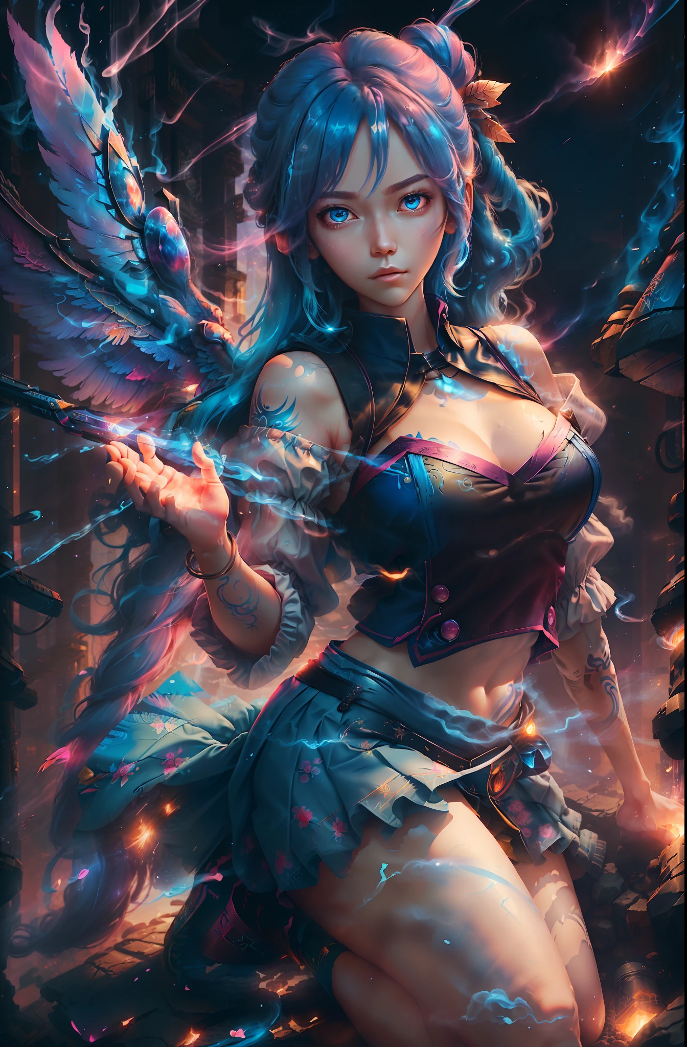 Masterpiece, top quality, pink hair, blue lightning, realistic, realistic details, details. Blue clothes. Blue thunder. Blue crystal. Airborne particles. Blue smoke. Blue crystals around. Blue smoke wafting around. Kneeling. Warping the body. Warping the body. Devil's wings. Tattoo. Tattoo. Get on your knees. School uniform. High school student. jk。
1 girl, beauty, seductive face,, fine skin, anicos_inori,, long hair, navel, parted sleeves, bare shoulders, center opening, cleavage, middle breast, long feathered hair clip, blue hair ornament, red eyes, thigh height,look at viewer,isekai,mini skirt、darkness ochi. Luminous eyes.