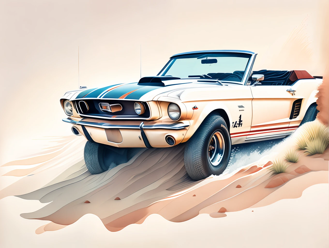 graphic design, flat design, a convertible Ford Mustang 1970 off-road, passing through a beach, watercolor splashes, highly detailed clean, photorealistic masterpiece, professional photography, realistic car, White background, isometric, soft color vector