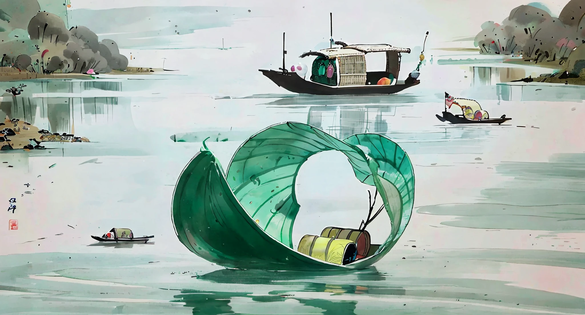 ink and wash style,CARTOON,Rice Dumplings,dragon boats,shan shui