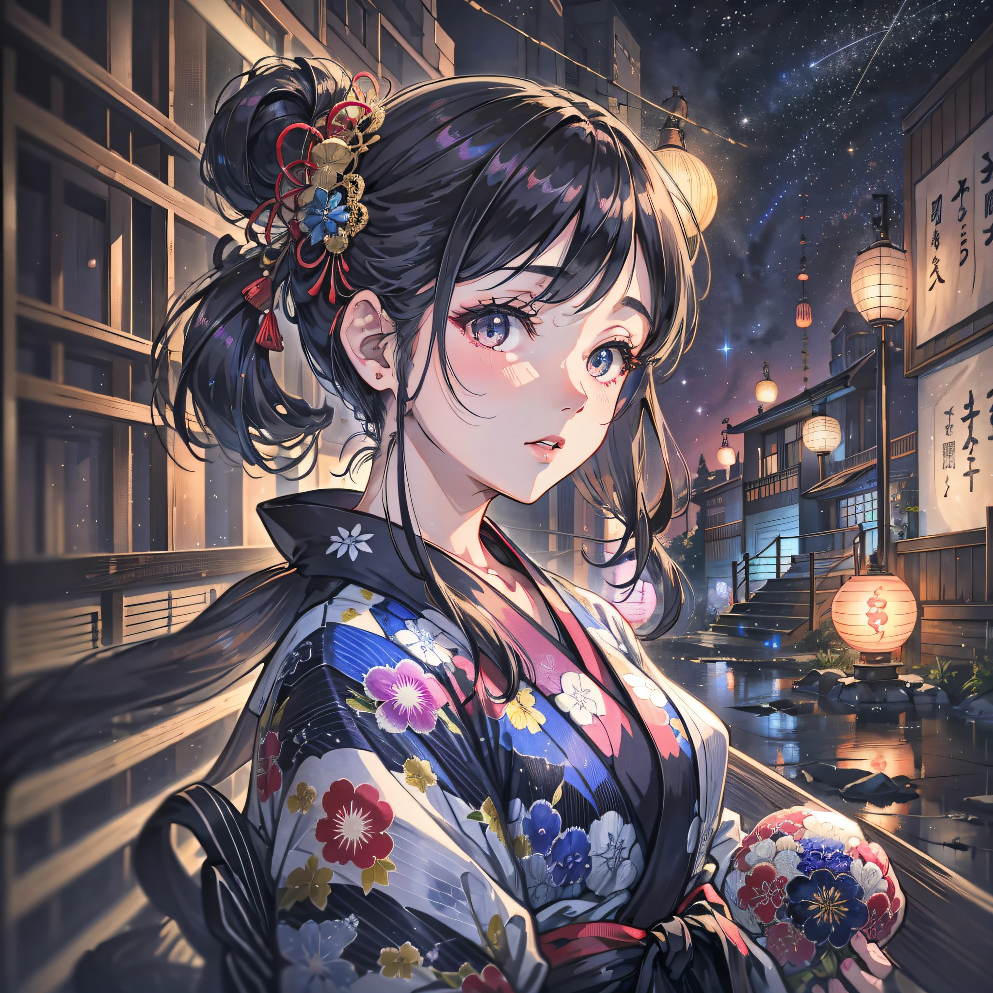 Japan yukata、Woman in her 20s with a very beautiful face、Modern Hair Arrangement、Black eyes、Beautiful night sky、upper Body、8K、Very vivid colors、8k、Dynamic Wallpapers、Dynamic angle、Very delicate and dense 、High-quality photos