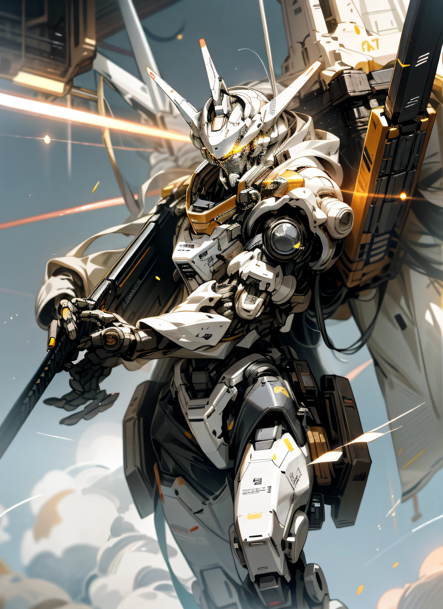outer space,holding_WEAPON, no_a human, sparkling, a robot,fulllllbody、 construction, glowing_Ojo, Mecha, Science_fiction, lifelike,Mecha