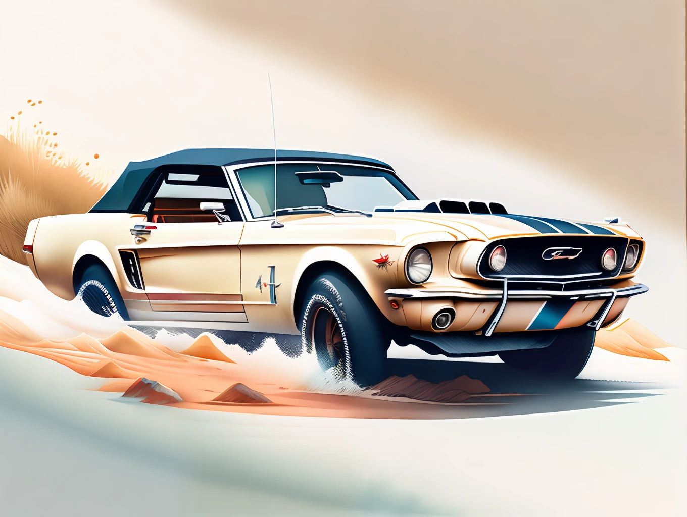 graphic design, flat design, a convertible Ford Mustang 1970 off-road, passing through a river. watercolor splashes, highly detailed clean, photorealistic masterpiece, professional photography, realistic car, White background, isometric, soft color vector
