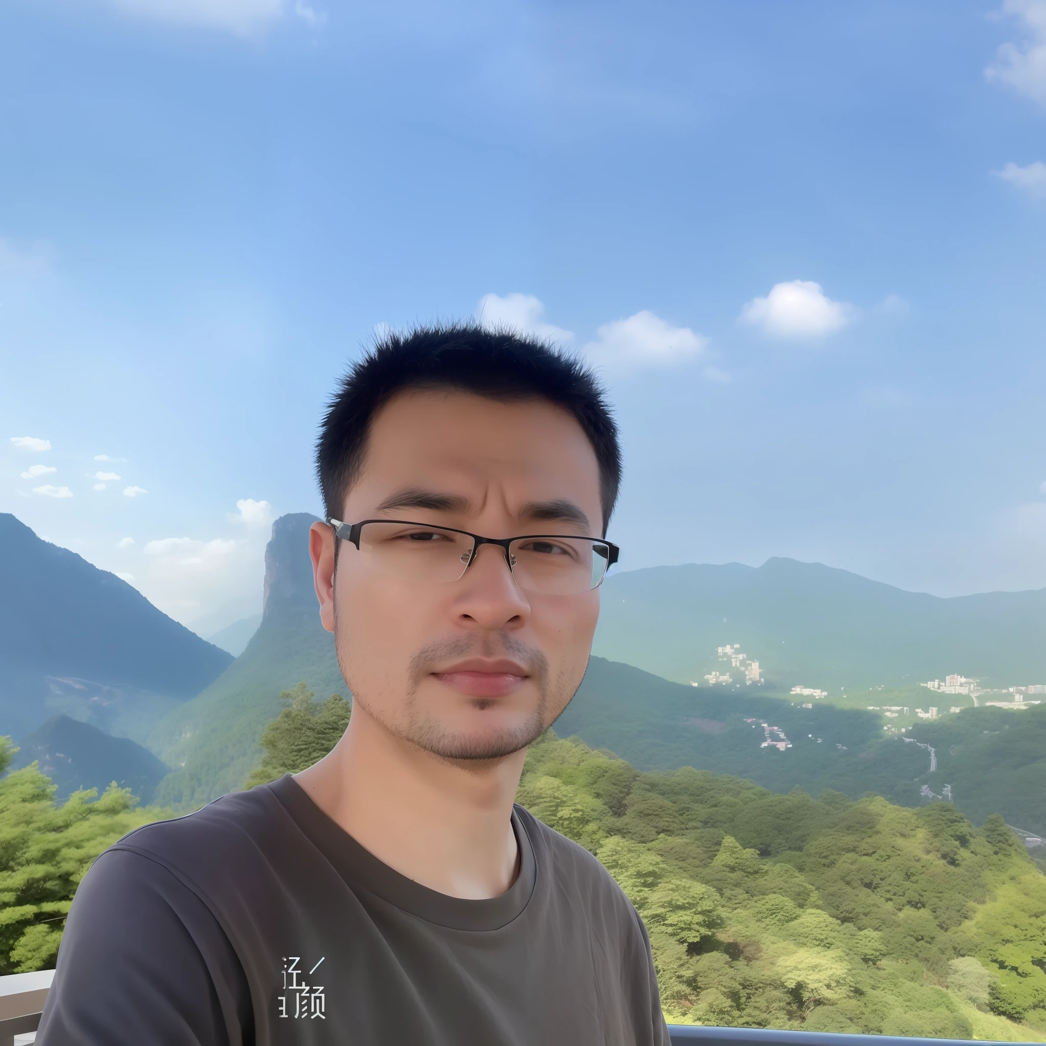 arafed man with glasses standing on a balcony overlooking a mountain, 2 8 years old, 2 9 years old, 2 7 years old, 3 2 years old, xintong chen, 3 6 years old, with mountains as background, qichao wang, Chiba Yuda, 38 years old, zeng fanzh