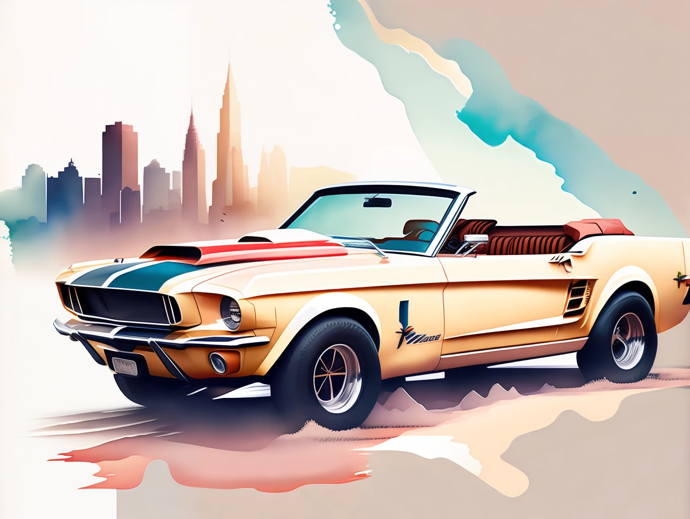 graphic design, flat design, a convertible Ford Mustang 1970 off-road, passing through a big city. watercolor splashes, highly detailed clean, photorealistic masterpiece, professional photography, realistic car, White background, isometric, soft color vector