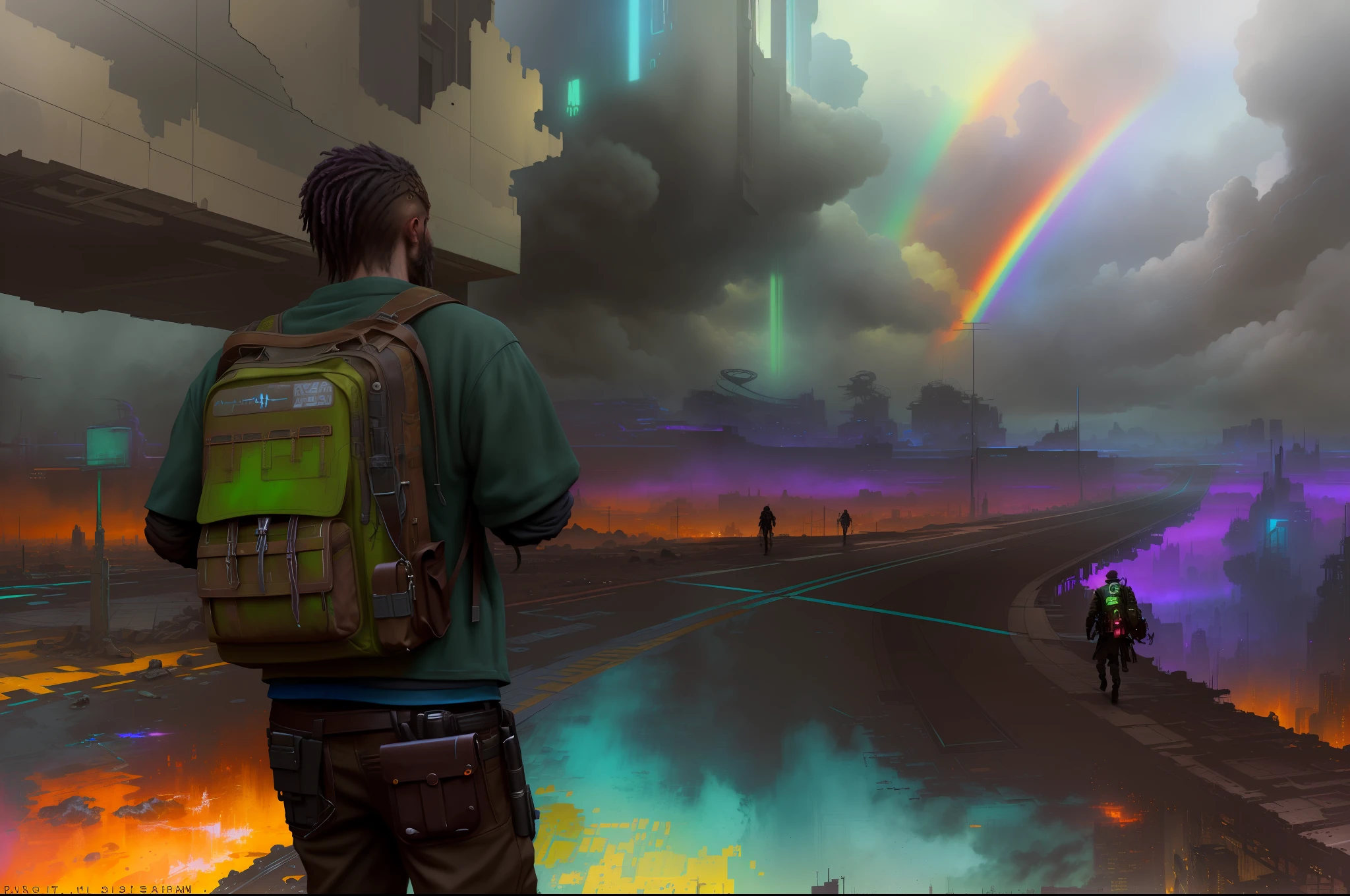 (masterpiece) high detailed RAW, a post apocalyptic man with a backpack is walking through a vivid rainbow themed cyberpunk city , hassanfantasy style , by Jeremy Mann and Donato Giancola ultra realistic highly detailed intricate photorealistic