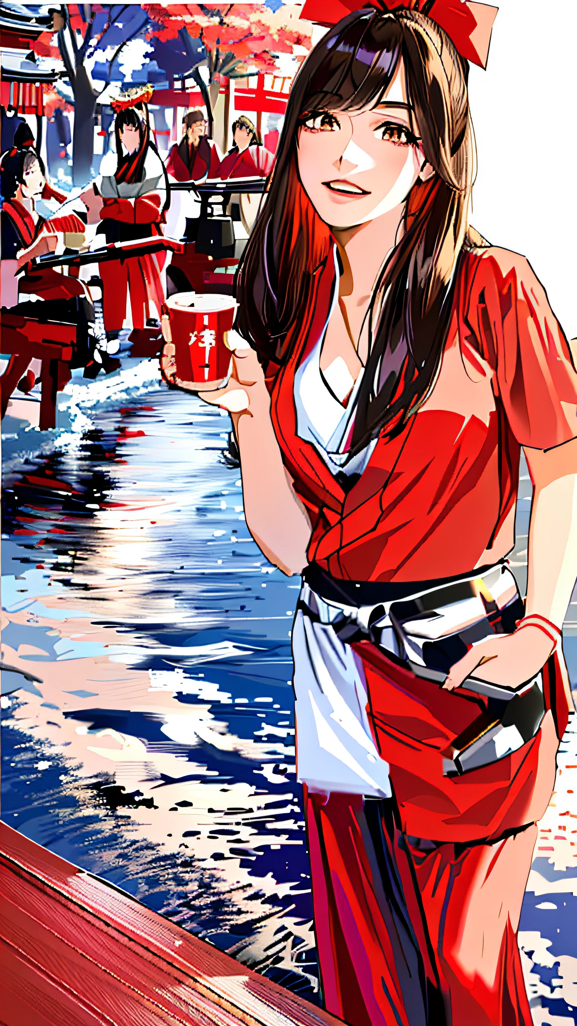 Masterpieces: 1.2, highest quality), (dynamic lighting) 1 lady, solo, long hair, (hakama, red skirt), (torii, temple), Japan girls in priestess clothes, black hair, long hair, ponytail, white robe, (red hakama; 1.45), straw broom, Tsuruoka Hachimangu, looking at the viewer, smiling, posing, ((highest quality, masterpiece))), high resolution, very detailedTrending, masterpieces, movie lighting, on pixiv (Anime Art Style: 1.45), 1 Girl, Bangs, bare_shoulders, blue_sky, Breasts, brown_eyes, Clouds, cloudy_sky, Day, detached_sleeves, Fence, hair_between_eyes, hair_ribbon, Hakama, hakama_skirt, japanese_clothes, Kimono, large_breasts, long_hair, looking_at_viewer, Obi, Railing, red_hakama, red_ribbon, Ribbon, Sash, Alley, Sky, sliding_doors, Solo, Tree, Veranda, white_kimono ((Best Quality)), (Masterpiece)), (Details), Sagiline