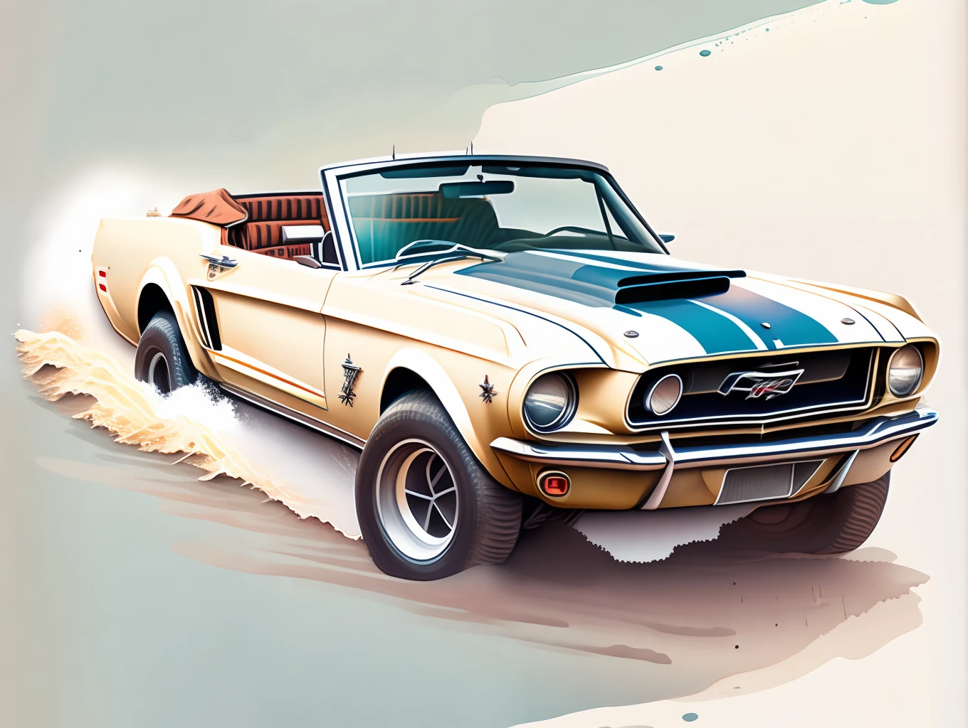 graphic design, flat design, a convertible Ford Mustang 1970 off-road, passing through a river. watercolor splashes, highly detailed clean, photorealistic masterpiece, professional photography, realistic car, White background, isometric, soft color vector