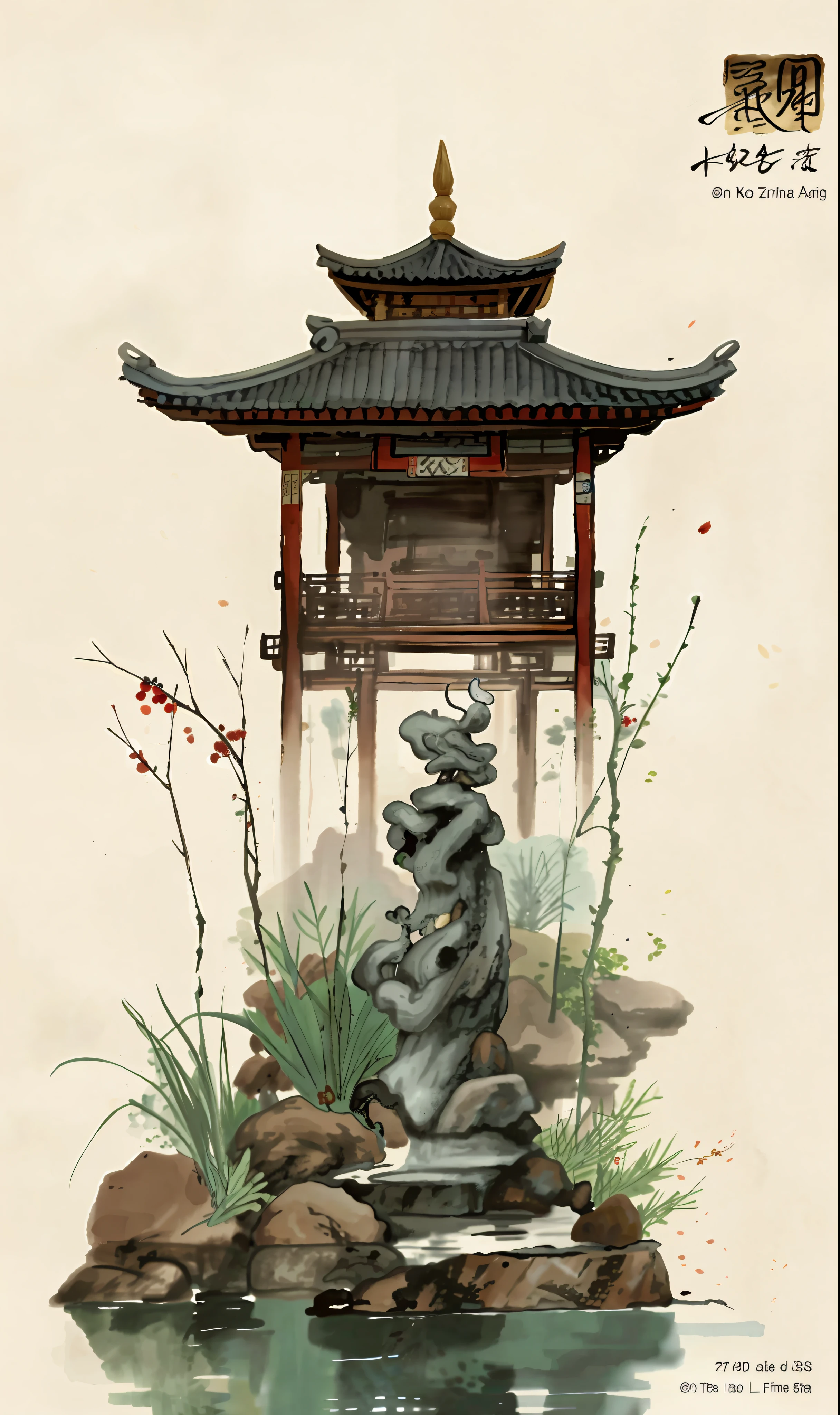 there is a painting of a pagoda with a water fountain, chinese watercolor style, digital painting of a pagoda, by Qu Leilei, author:Li Zai, author:Qiu Ying, chinese style painting, author:Gu Qian, author:Julian, inspired by Sōami, author:ruanjia, author:Yang Borun, inspired by Fenghua Zhong