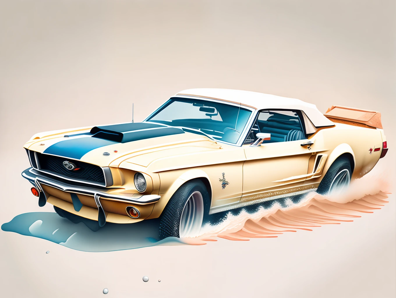 graphic design, flat design, a convertible Ford Mustang 1970 off-road, passing through a beach, watercolor splashes, highly detailed clean, photorealistic masterpiece, professional photography, realistic car, White background, isometric, soft color vector