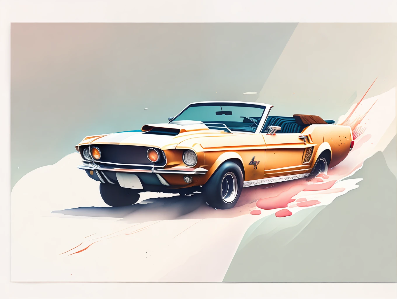 graphic design, flat design, a convertible Ford Mustang 1970 off-road, passing through a big city. watercolor splashes, highly detailed clean, photorealistic masterpiece, professional photography, realistic car, White background, isometric, soft color vector