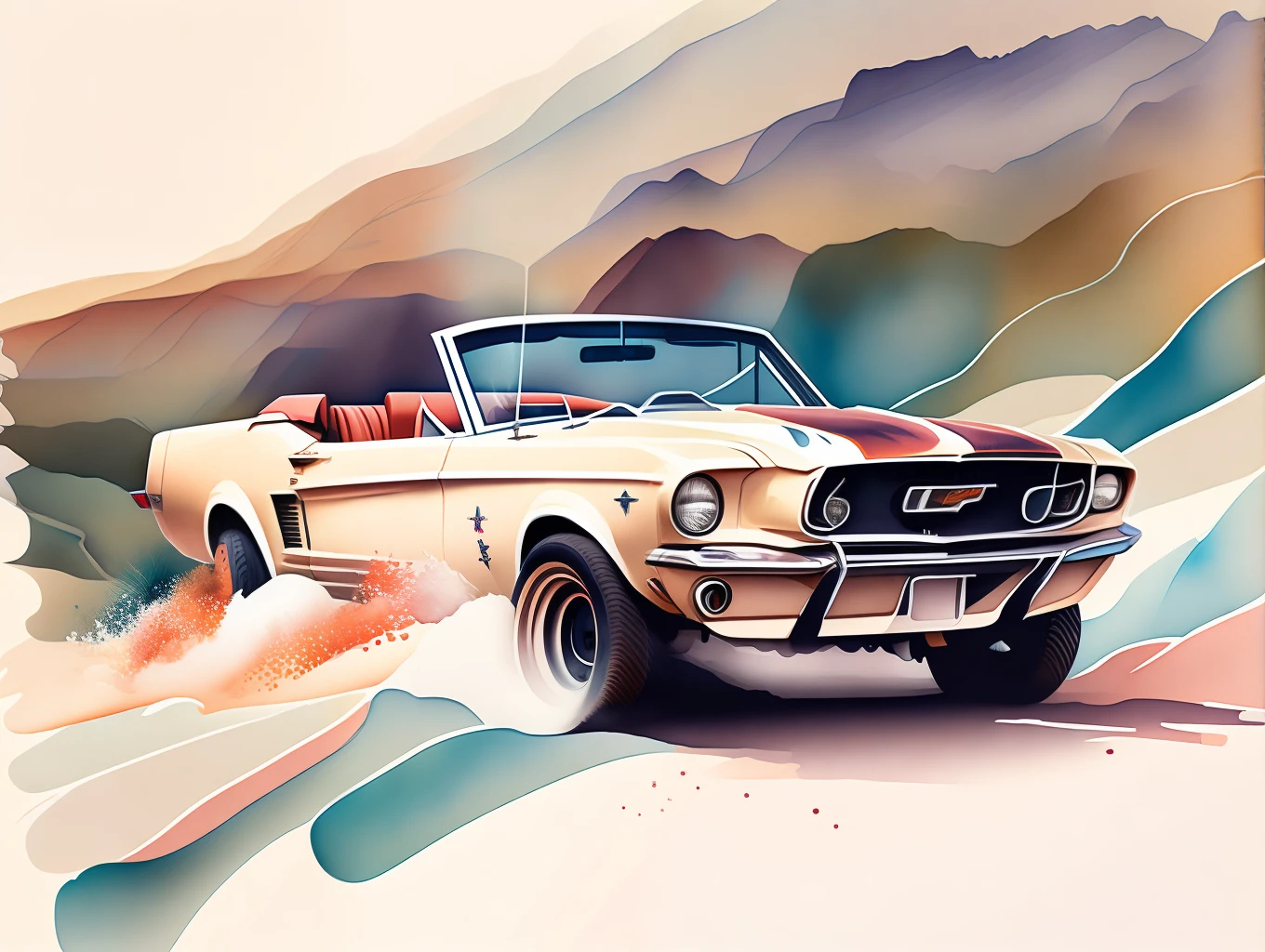 graphic design, flat design, a convertible Ford Mustang 1970 off-road, passing through the Grand Canyon, watercolor splashes, highly detailed clean, photorealistic masterpiece, professional photography, realistic car, White background, isometric, soft color vector