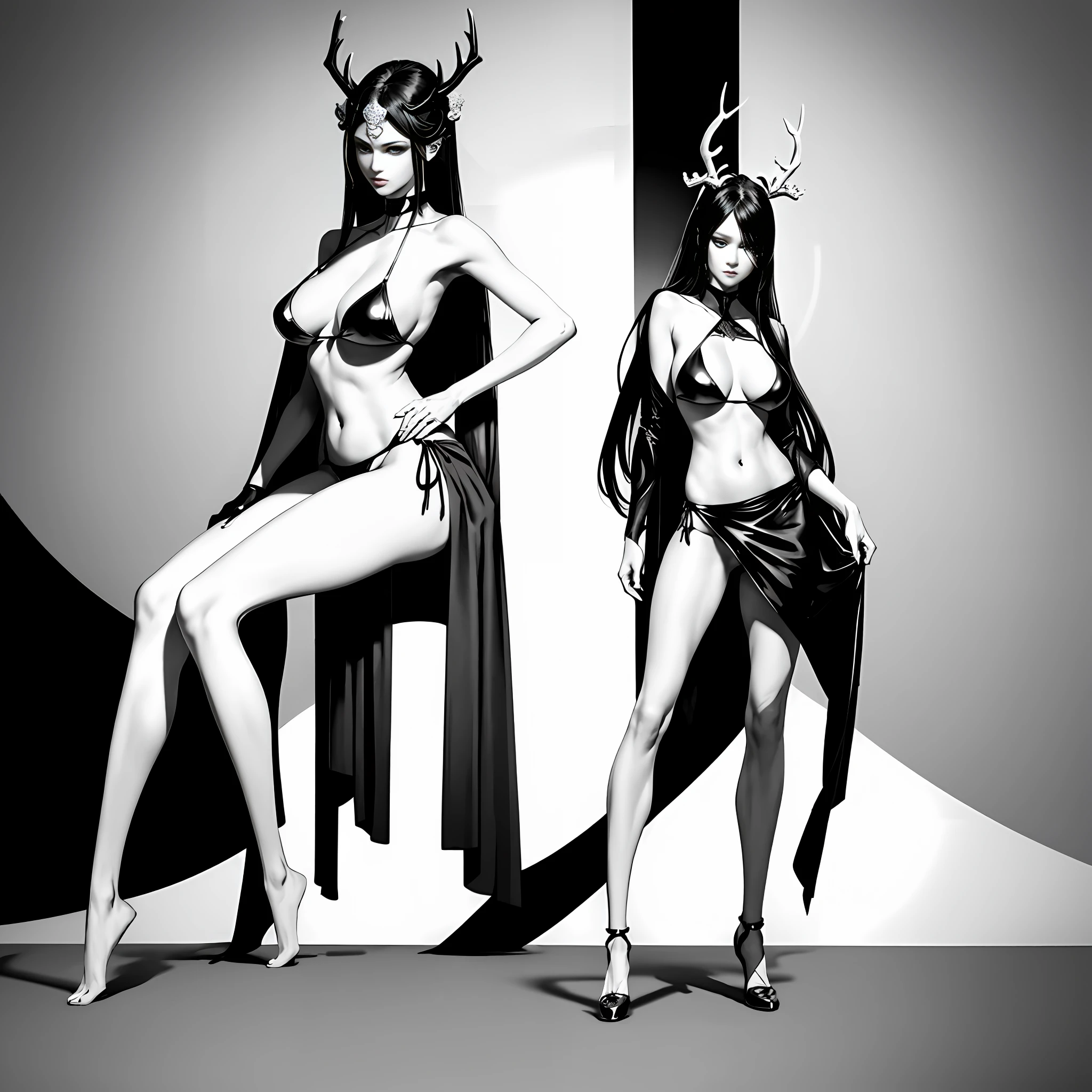 A Masterpiece，8kwallpaper，Great master black and white anime artwork，Black and white art，Pen line art，Sexy tribal mature woman in sexy costume on magnificent wild world land，There are antlers on the head，Full body dimensions，ywllow bikini，Mature body，Slender figure and legs，Perfect body shape，Exquisite facial details，Beautiful figure painting，Exquisite fanart with high detail，Full-body standing，full body xianxia，G. Larion's artistic style，inspired by Lan Ying，by Yang J，She walked towards the audience，inspired by Du Qiong，Inspired by Qu Leilei，Inspired by Wuzhun Shifan，The ultimate in dark art，Perfect model height，Fierce expression，Soft professional cinema lighting，Light and shadow follow，Perfect contour light