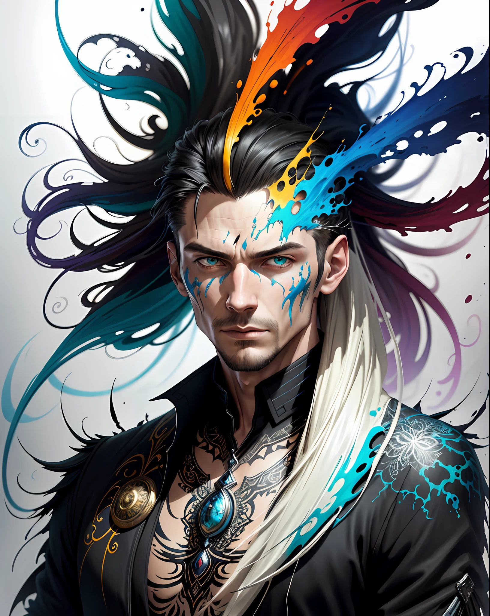 Colorful man: Black ink flow: 8k resolution photorealistic masterpiece: by Aaron Horkey and Jeremy Mann: intricately detailed fluid gouache painting: by Jean Baptiste Mongue: calligraphy: acrylic: watercolor art, professional photography, natural lighting, volumetric lighting maximalist photoillustration: by marton bobzert: 8k resolution concept art intricately detailed, complex, elegant, expansive, fantastical