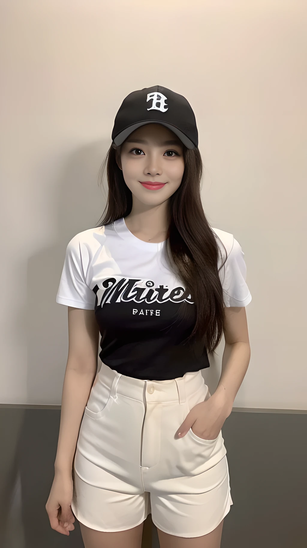((Best Quality, 8K, Masterpiece: 1.3)), (Baseball Cap: 1.3), Focus: 1.2, Perfect Body Beauty: 1.4, Buttocks: 1.2, (Layered Haircut: 1.2), (Dark Street: 1.3), Highly Detailed Face and Skin Texture, Full Body, Fine Eyes, Double Eyelids, Whitened Skin, Long Hair, (Round Face: 1.5), (Short Sleeves, Shorts: 1.6). smile