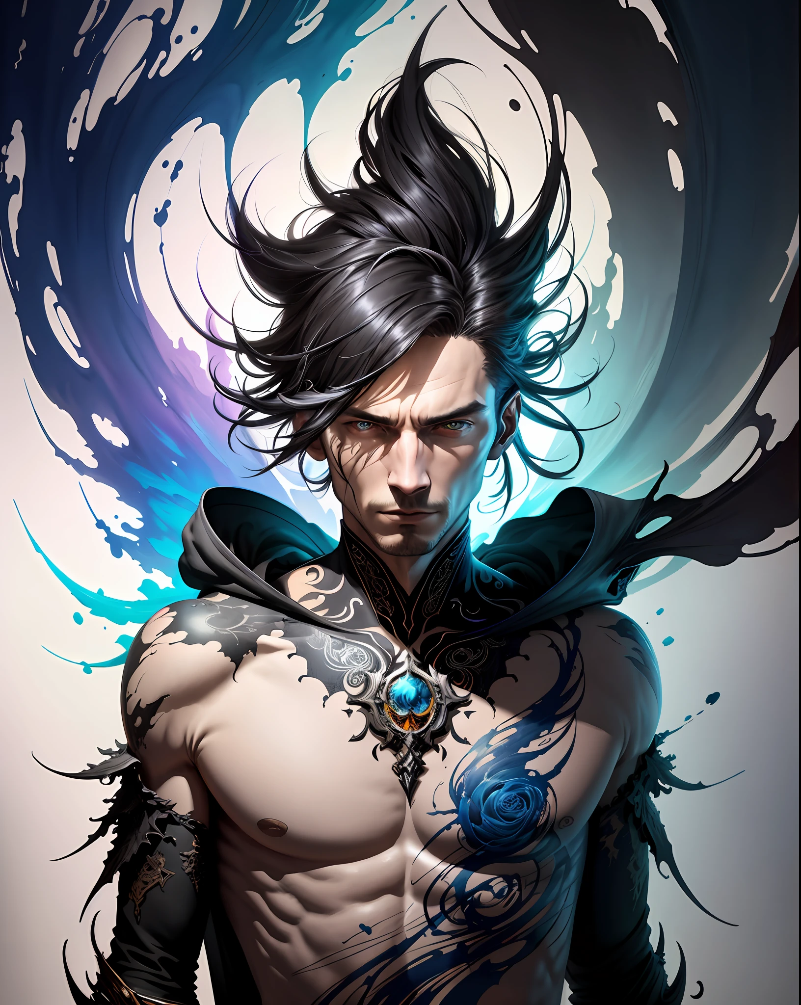 Colorful man: Black ink flow: 8k resolution photorealistic masterpiece: by Aaron Horkey and Jeremy Mann: intricately detailed fluid gouache painting: by Jean Baptiste Mongue: calligraphy: acrylic: watercolor art, professional photography, natural lighting, volumetric lighting maximalist photoillustration: by marton bobzert: 8k resolution concept art intricately detailed, complex, elegant, expansive, fantastical