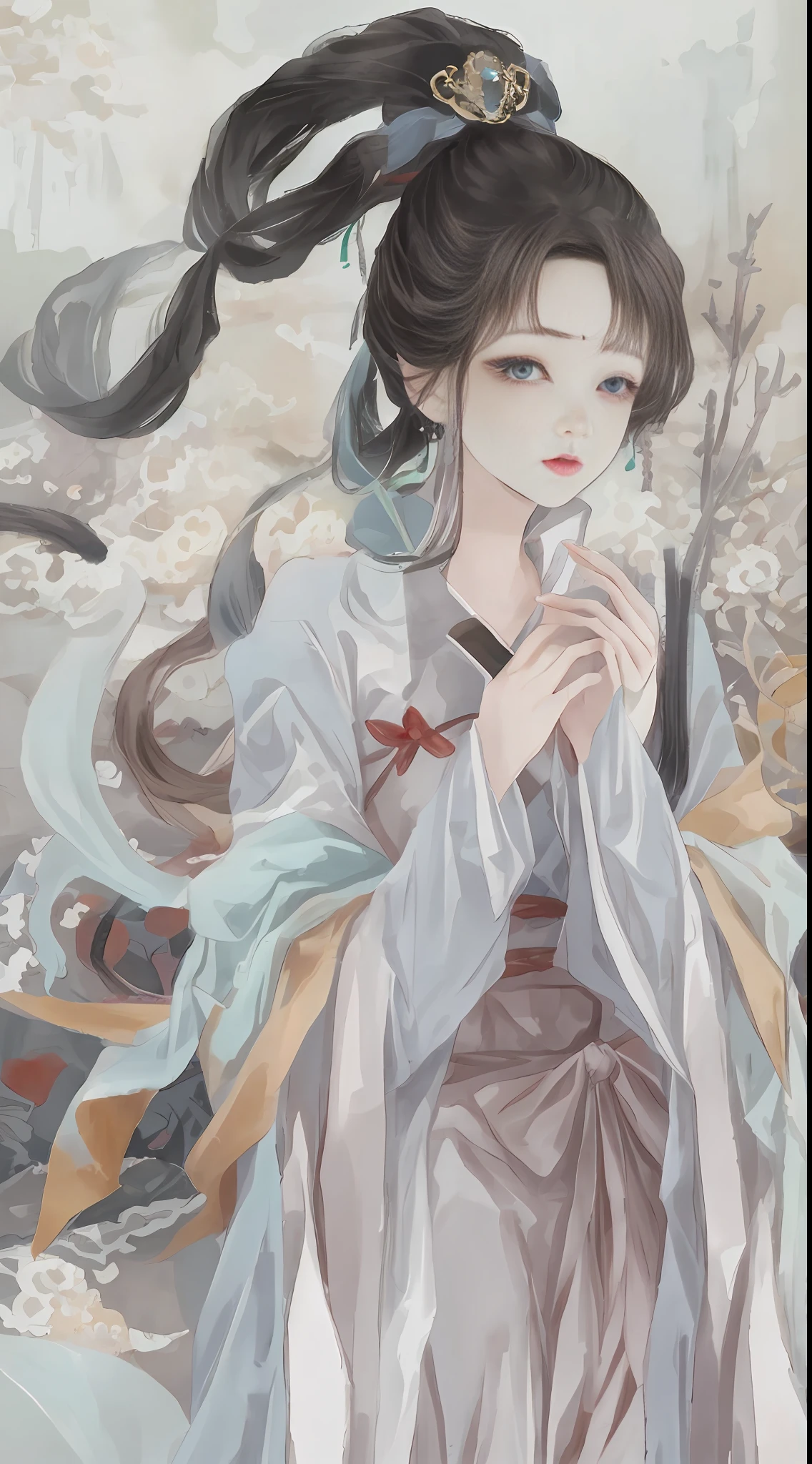 An ancient Chinese beauty sitting on a stone, wearing ancient Chinese clothing, flowing tulle, light silk, lazy posture, large lotus leaf, lotus, ink painting style, clean color, decisive cutting, blank, freehand, masterpiece, super detailed, epic composition, high quality, the highest quality, 4k --v 6